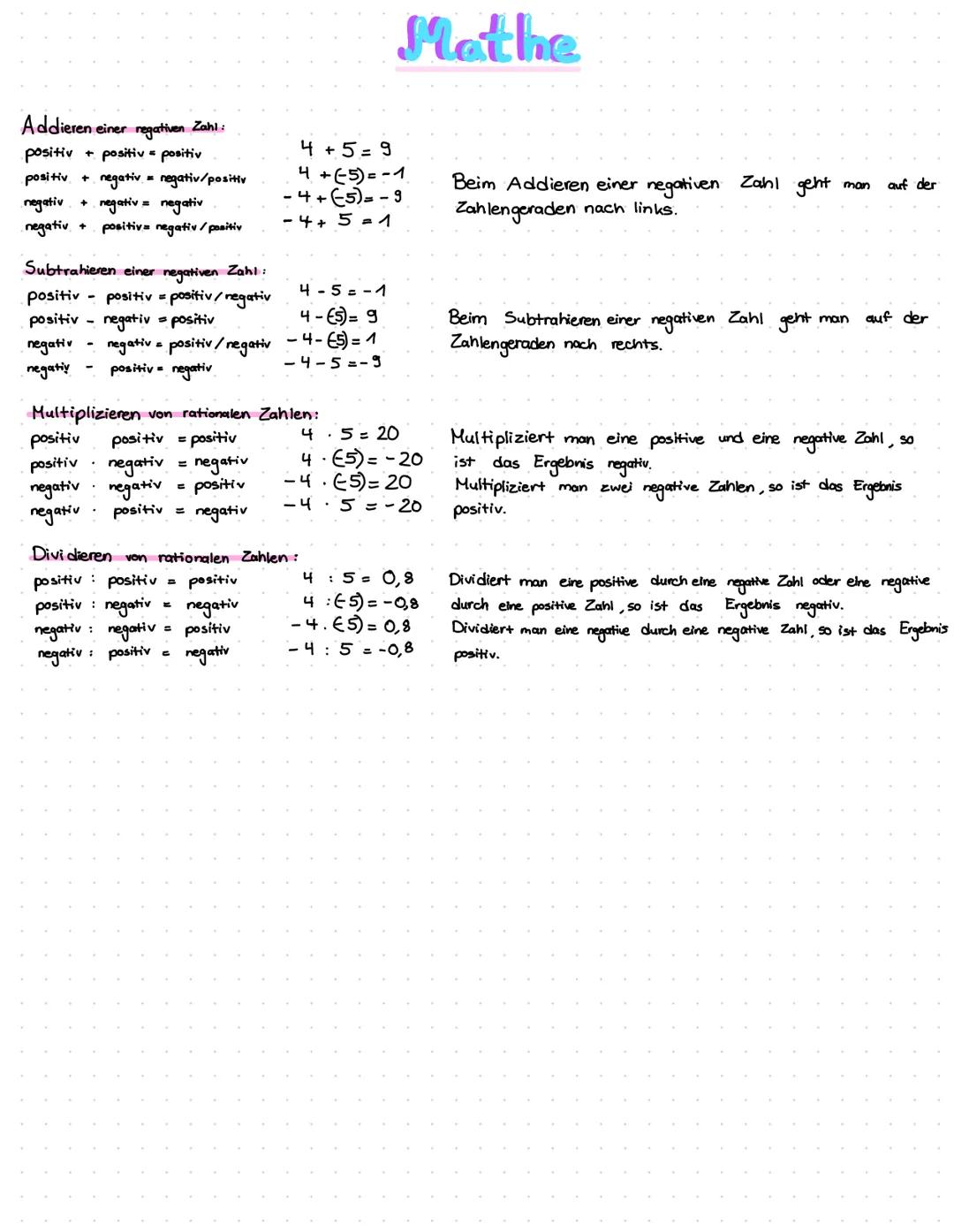 # Mathe

Addieren einer negativen Zahl:

positiv + positiv = positiv

positiv + negativ = negativ/positiv

negativ + negativ = negativ

nega