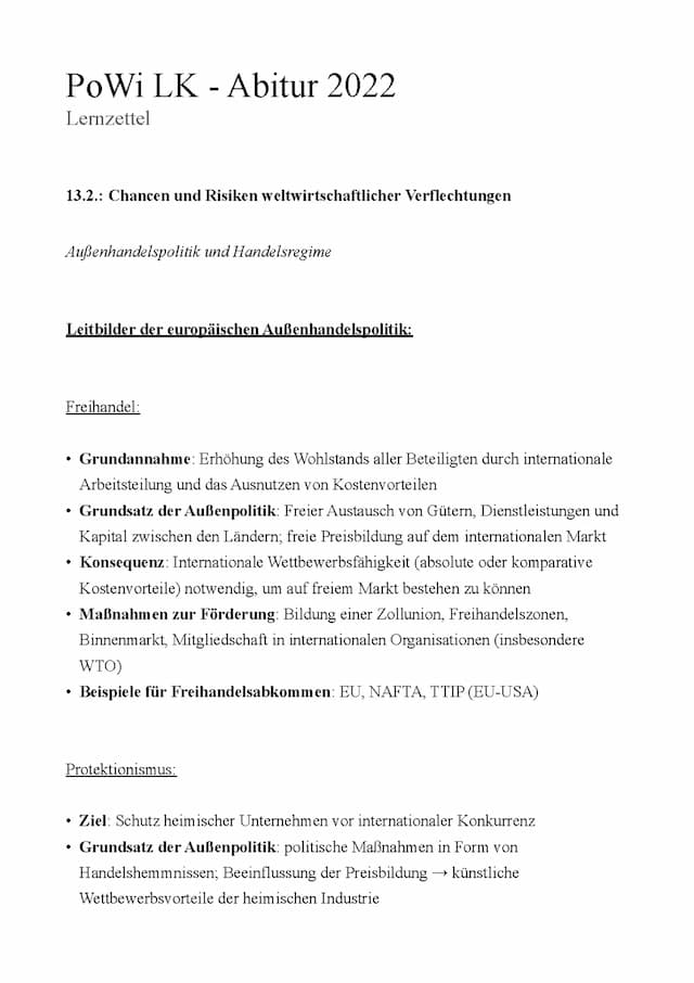 Know Abitur Lernzettel: Außenhandelspolitik und Handelsregime 13.2 - PoWi LK thumbnail