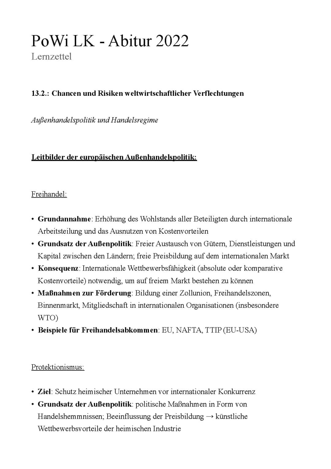 Abitur Lernzettel: Außenhandelspolitik und Handelsregime 13.2 - PoWi LK