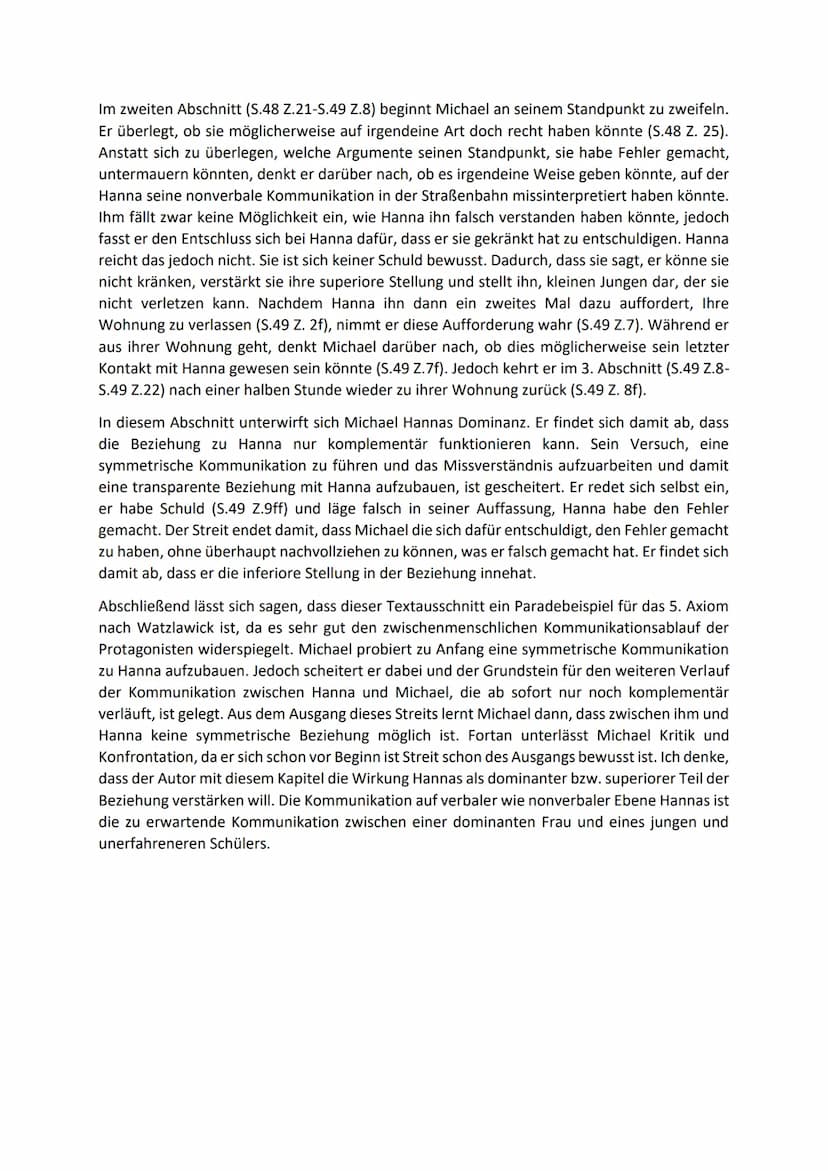 Bernhard Schlink ,,Der Vorleser" S.47-49
Aufgabenstellung:
Interpretieren sie den o.g. Textauszug, in dem der erste Streit zwischen Hanna un