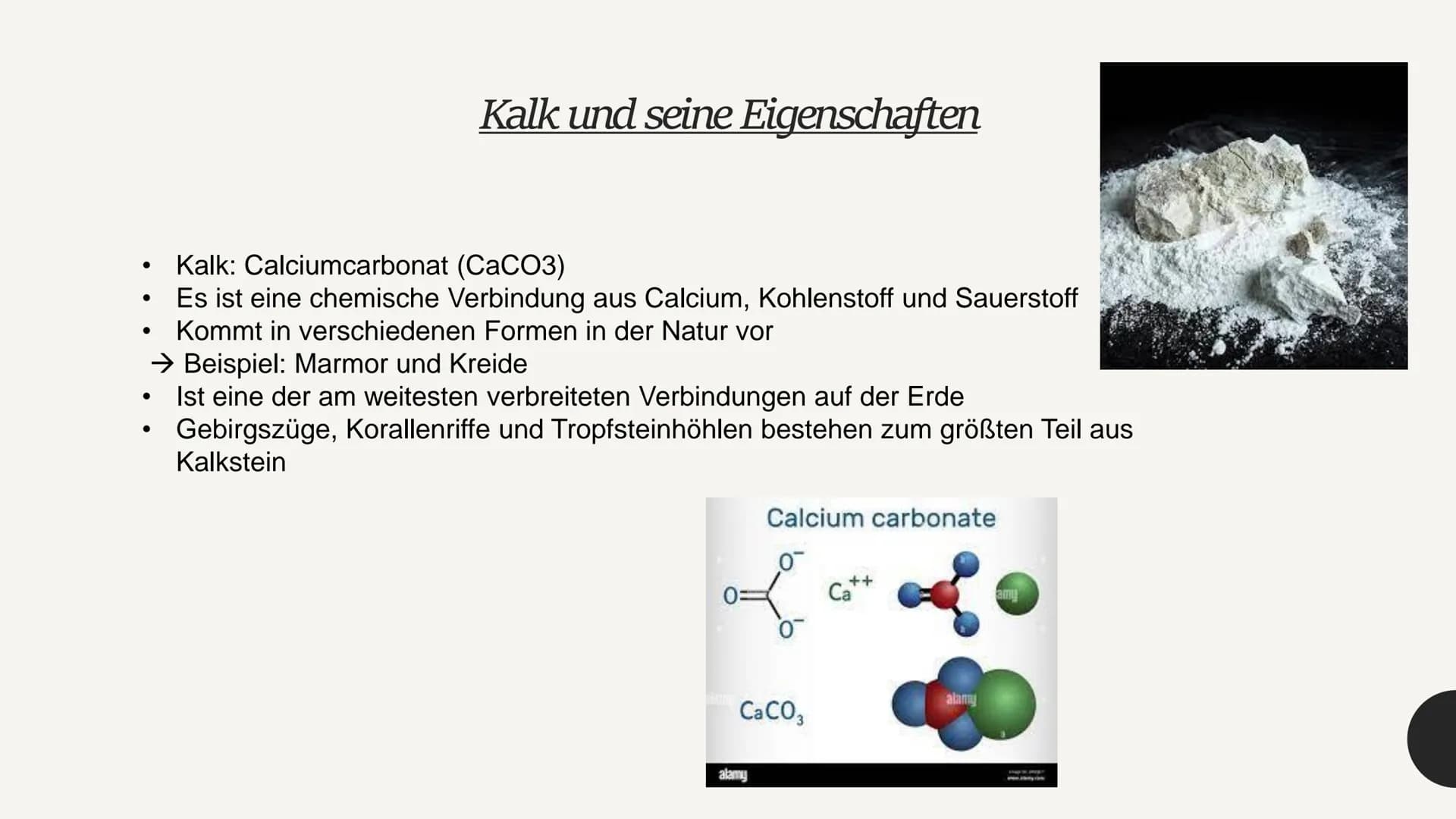 Kalkkreislauf
In der Natur und Technik
- Chemiepräsentation - 1. Kalk und seine Eigenschaften
Kalkkreislauf
2.
2.1 natürlicher Kalkkreislauf