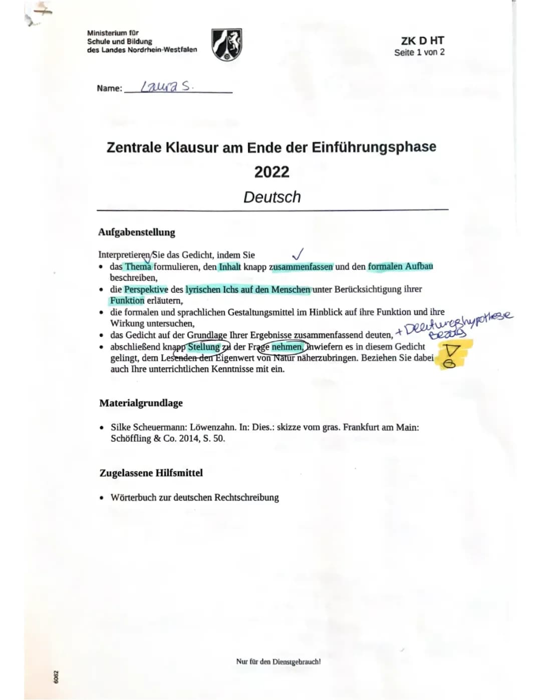 Deutsch Zk 2022 NRW + Erwartungshorizont