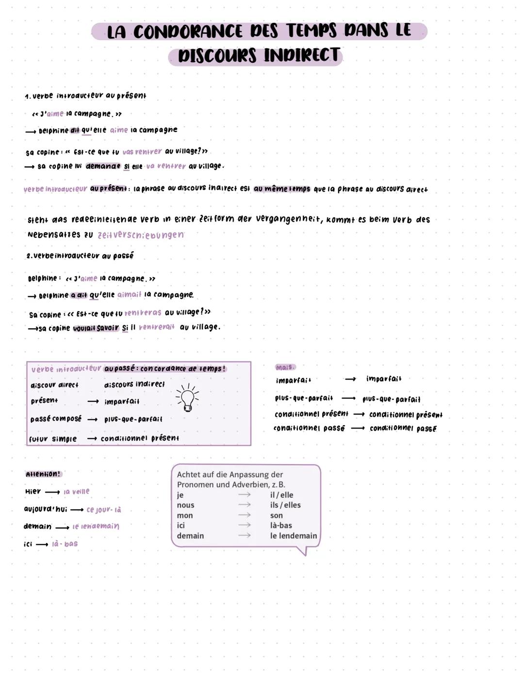 # LA CONDORANCE DES TEMPS DANS LE
# DISCOURS INDIRECT

1. verbe introducteur au présent

<< J'aime la campagne. >>

→ Delphine dit qu'elle a