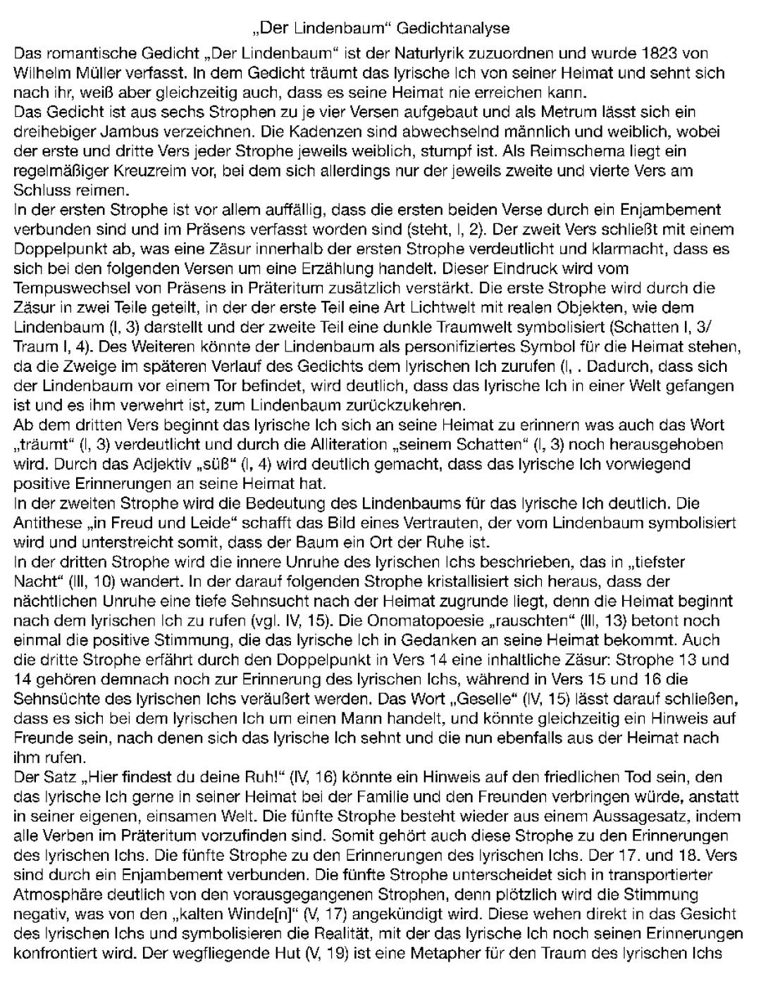 Gedichtsanalyse „Der Lindenbaum“ von Wilhelm Müller