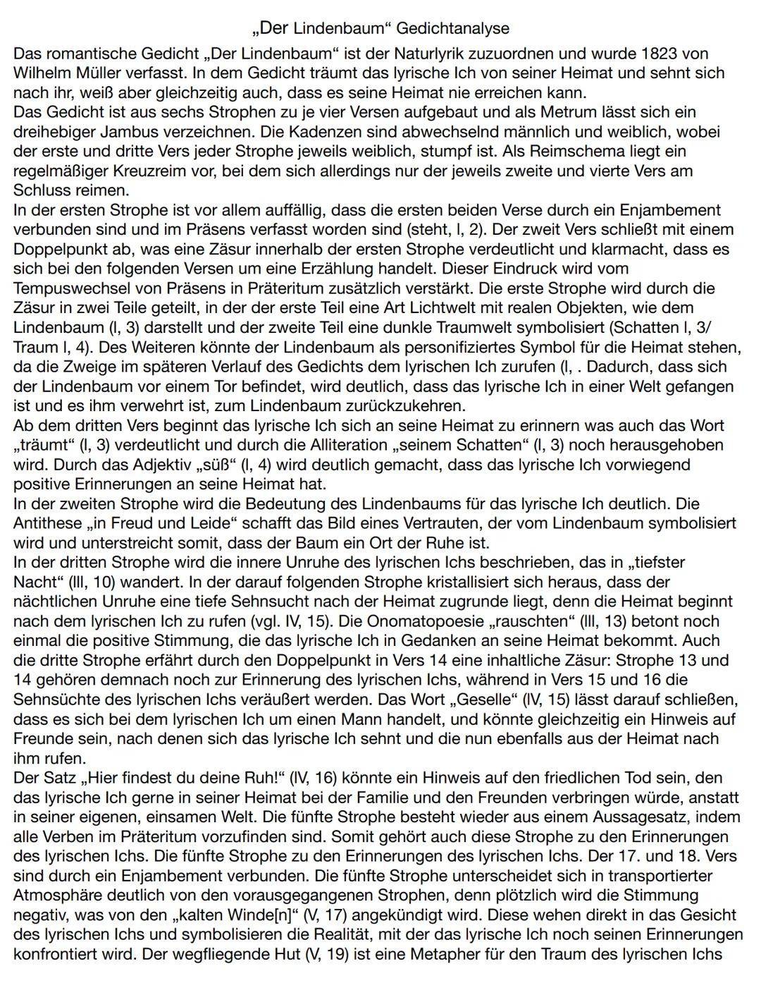 ,,Der Lindenbaum" Gedichtanalyse
Das romantische Gedicht ,,Der Lindenbaum" ist der Naturlyrik zuzuordnen und wurde 1823 von
Wilhelm Müller v