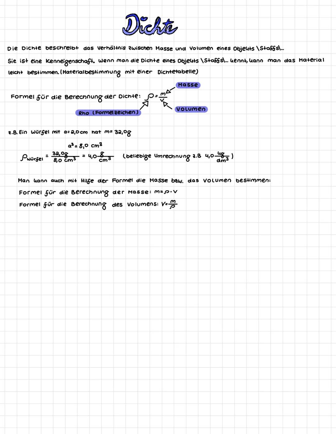 Dichts
Die Dichte beschreibt das Verhältnis zwischen Masse und Volumen eines objeuts\Stoffs)....
Sie ist eine Kenneigenschaft. Wenn man die 