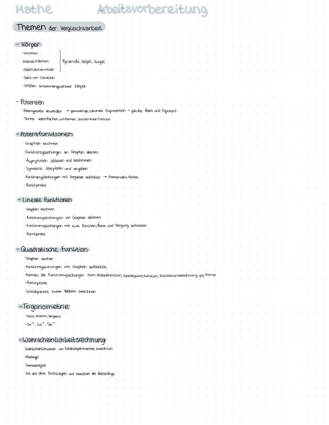 Mathe Arbeitsvorbereitung

## Themen der Vergleichsarbeit

- Körper
  - Volumen
  - Mantelflächen
  - Oberflächeninhalt
  - Satz von Cavalie