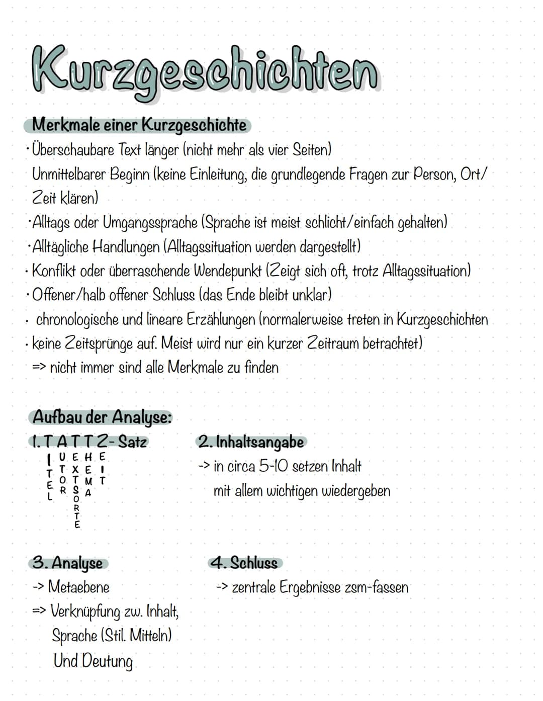 Kurzgeschichten
Merkmale einer Kurzgeschichte
• Überschaubare Text länger (nicht mehr als vier Seiten)
Unmittelbarer Beginn (keine Einleitun