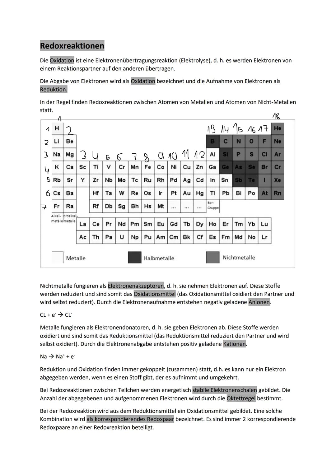 Redoxreaktionen
Die Oxidation ist eine Elektronenübertragungsreaktion (Elektrolyse), d. h. es werden Elektronen von
einem Reaktionspartner a