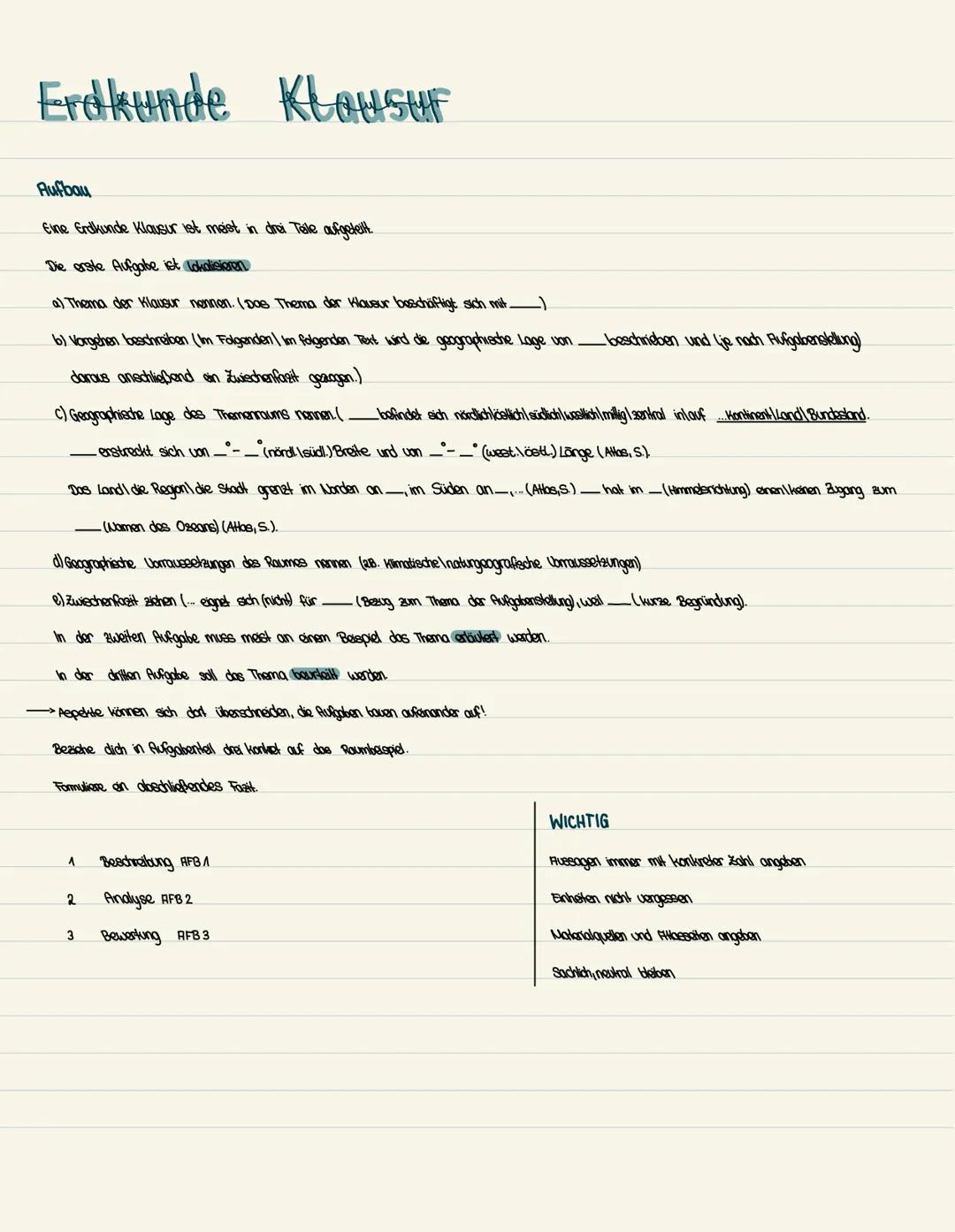 Erdkunde Klousuf
Aufbau
Eine Erdkunde Klausur ist meist in drei Teile aufgeteilt.
Die erste Aufgabe ist lokalisieren
a) Thema der Klausur ne