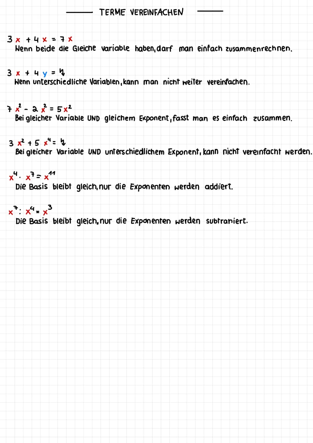 3x + 4 x = 7 x
Wenn beide die Gleiche variable haben, darf man einfach zusammenrechnen.
7 x²
2x² = 5x²
Bei gleicher Variable UND gleichem Ex