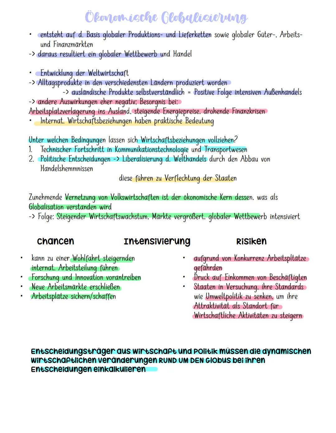 ·
Ökonomische Globalisierung
entsteht auf d. Basis globaler Produktions- und Lieferketten sowie globaler Güter-. Arbeits-
und Finanzmärkten
