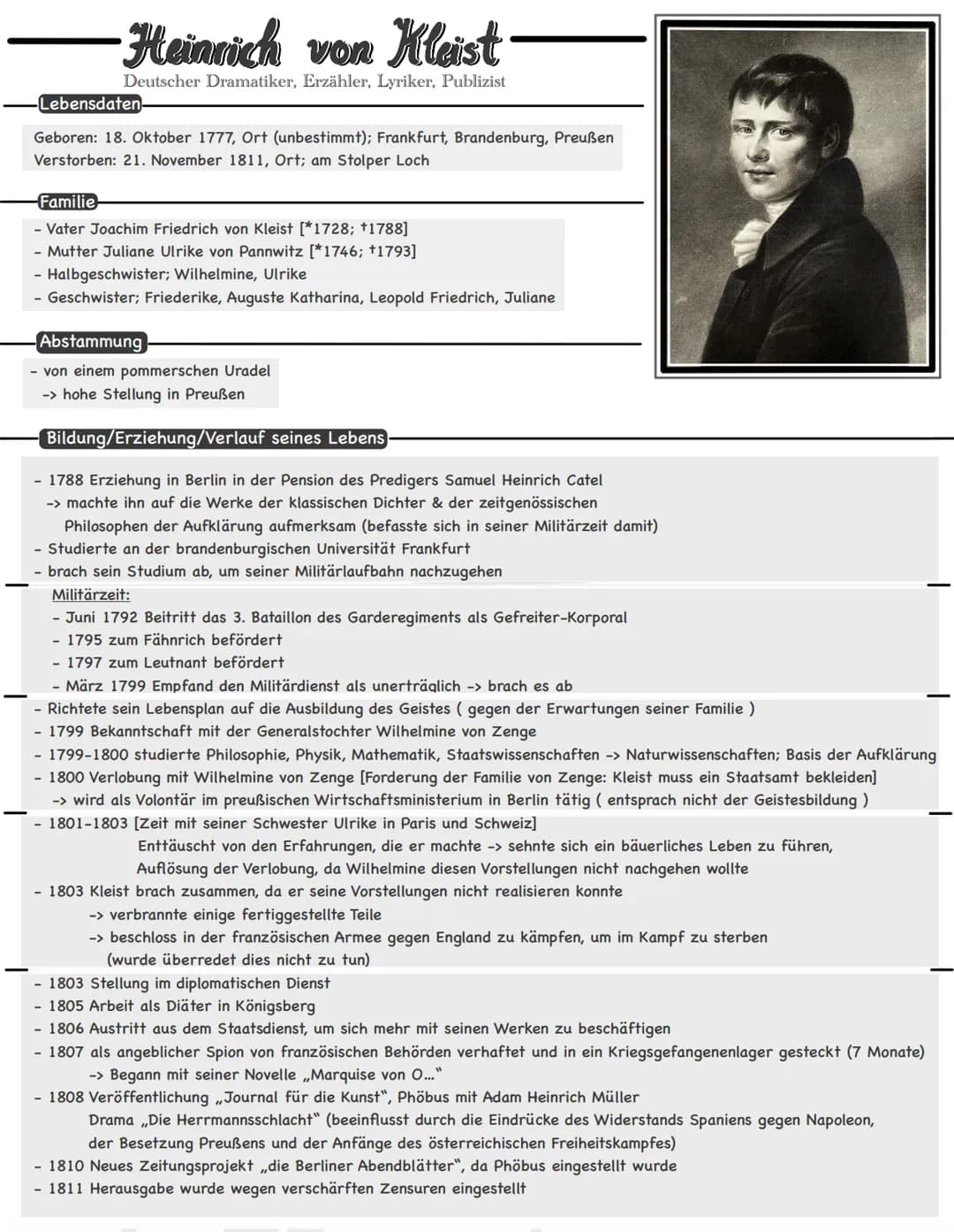 -Heinrich von Kleist
Deutscher Dramatiker, Erzähler, Lyriker, Publizist
Lebensdaten
Geboren: 18. Oktober 1777, Ort (unbestimmt); Frankfurt, 
