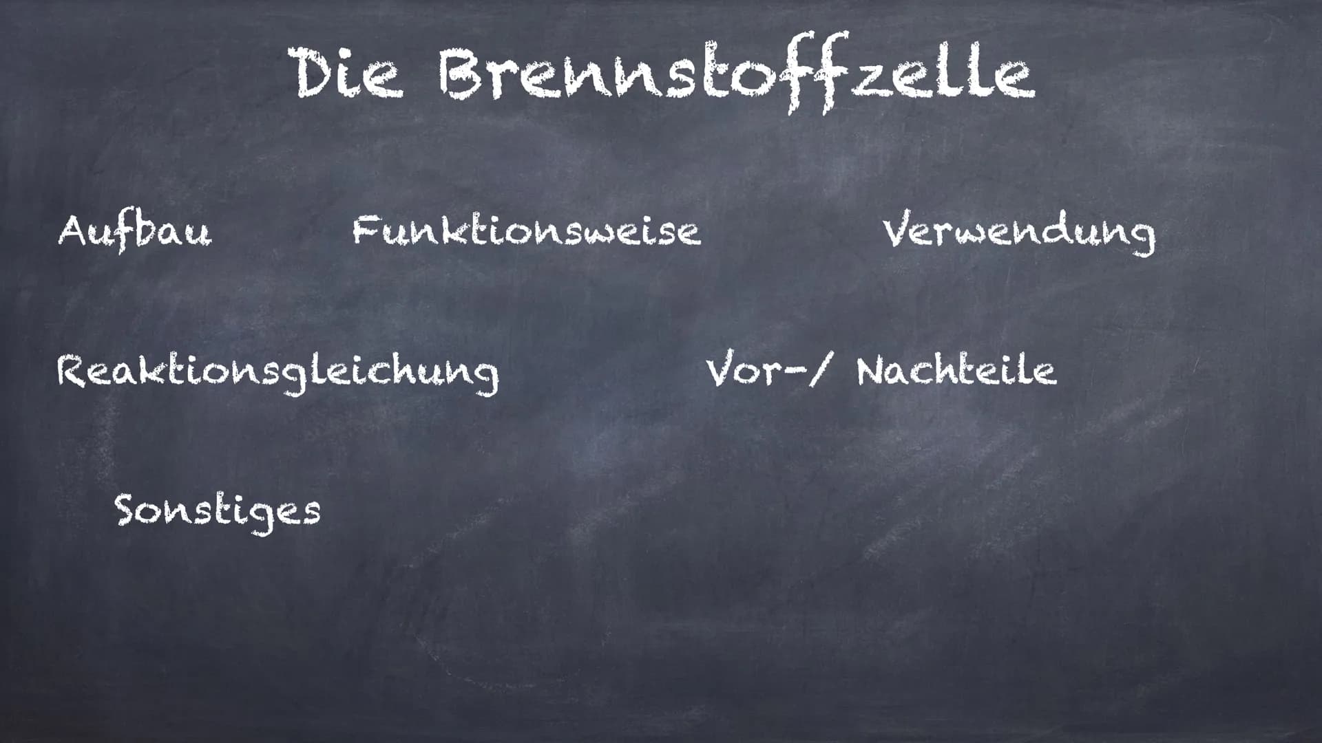 Aufbau
Die Brennstoffzelle
Funktionsweise
Reaktionsgleichung
Sonstiges
Verwendung
Vor-/ Nachteile Anode
→ Oxidation
Elektronen (e-)
Zugeführ