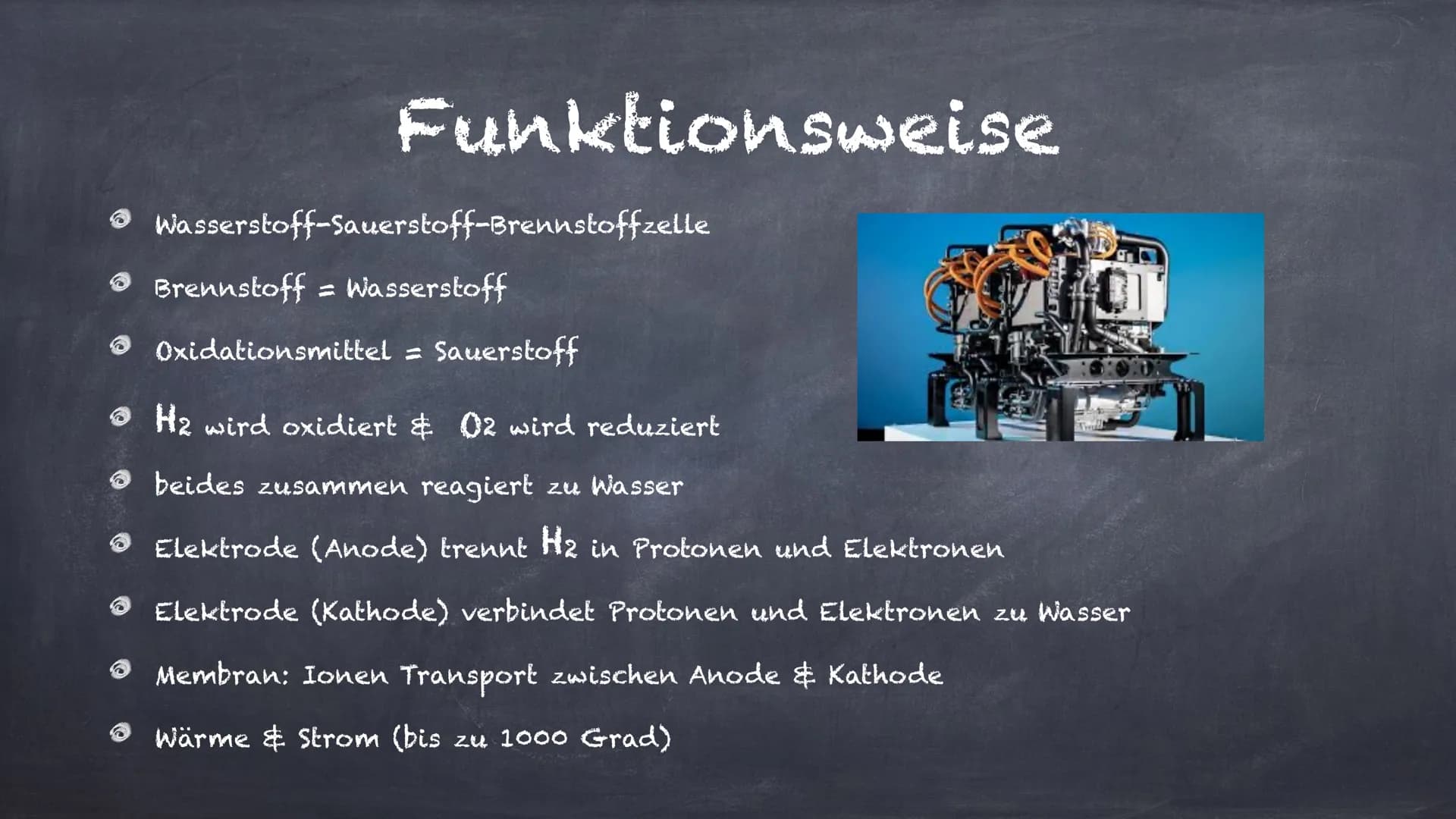 Aufbau
Die Brennstoffzelle
Funktionsweise
Reaktionsgleichung
Sonstiges
Verwendung
Vor-/ Nachteile Anode
→ Oxidation
Elektronen (e-)
Zugeführ