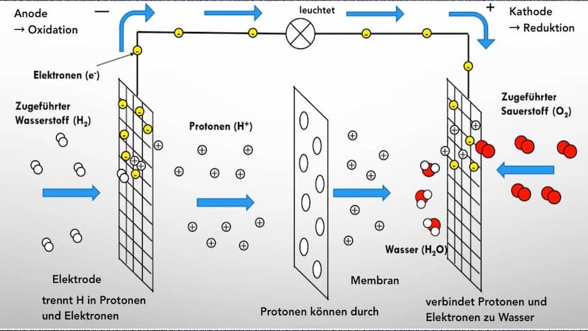 Aufbau
Die Brennstoffzelle
Funktionsweise
Reaktionsgleichung
Sonstiges
Verwendung
Vor-/ Nachteile Anode
→ Oxidation
Elektronen (e-)
Zugeführ
