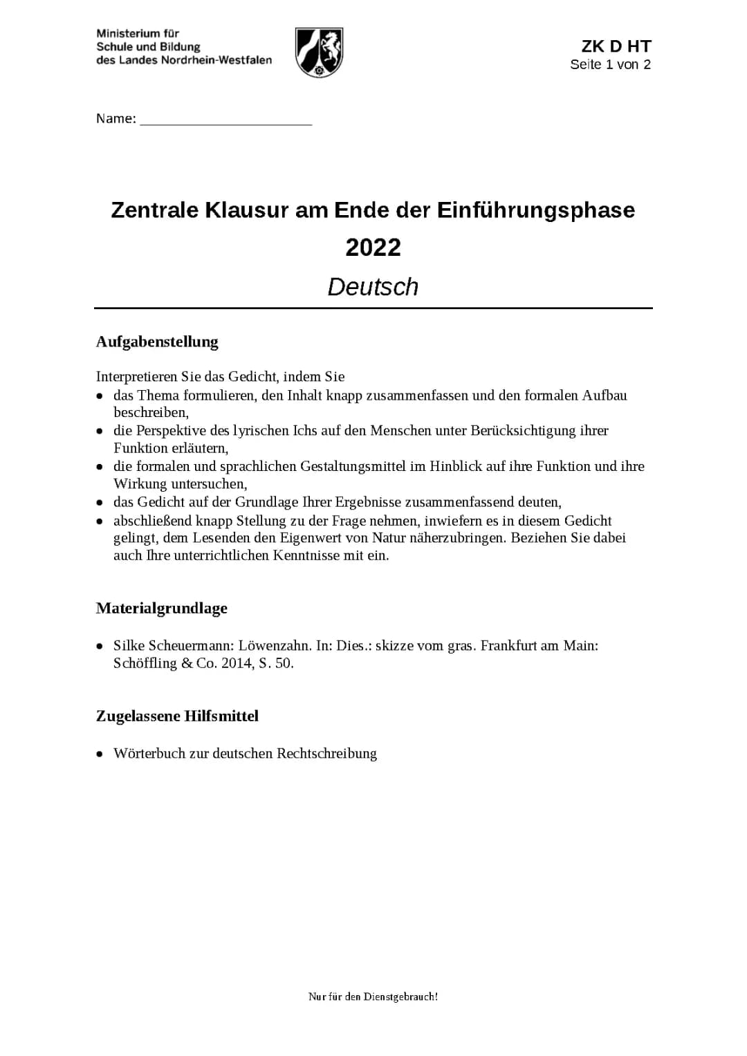 Deutsch Zk; zentrale klausur; Löwenzahn Silke Scheuermann; Gedichtanalyse