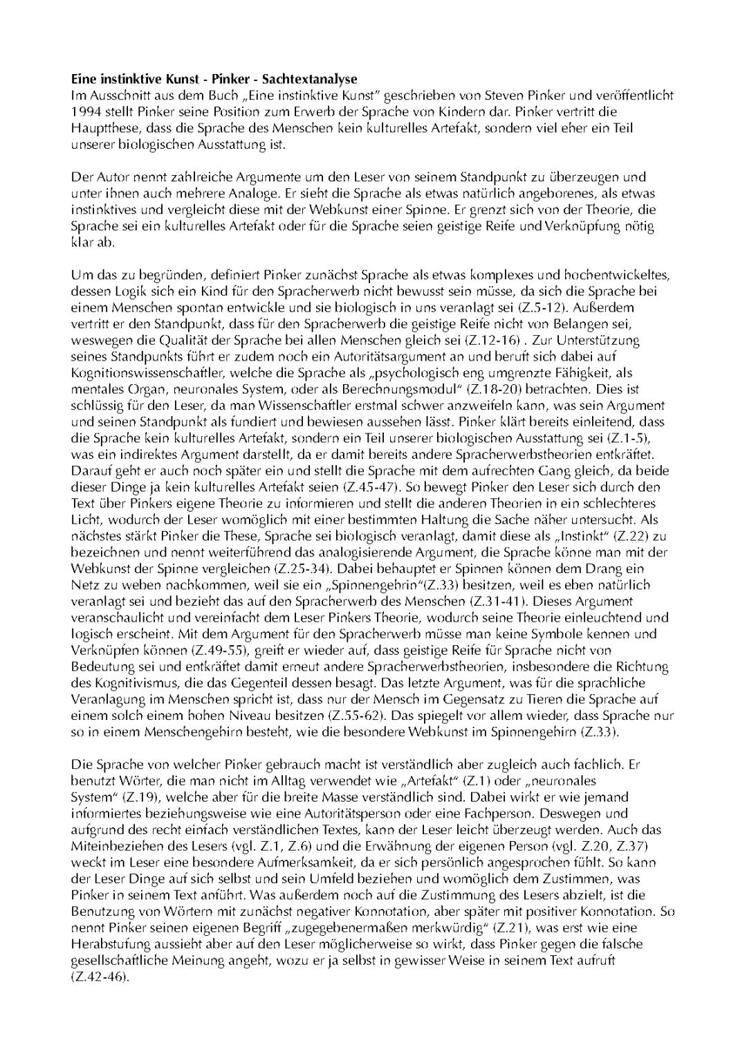 Sachtextanalyse „Eine Instinktive Kunst“ von Steven Pinker