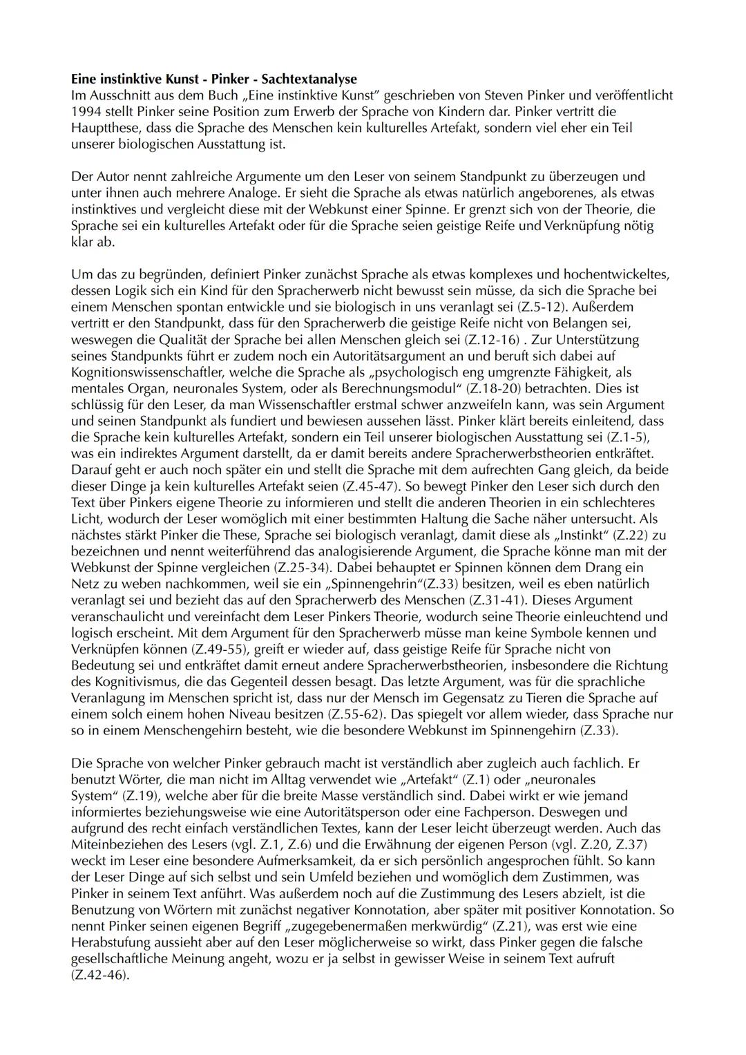 Eine instinktive Kunst - Pinker - Sachtextanalyse
Im Ausschnitt aus dem Buch ,,Eine instinktive Kunst" geschrieben von Steven Pinker und ver