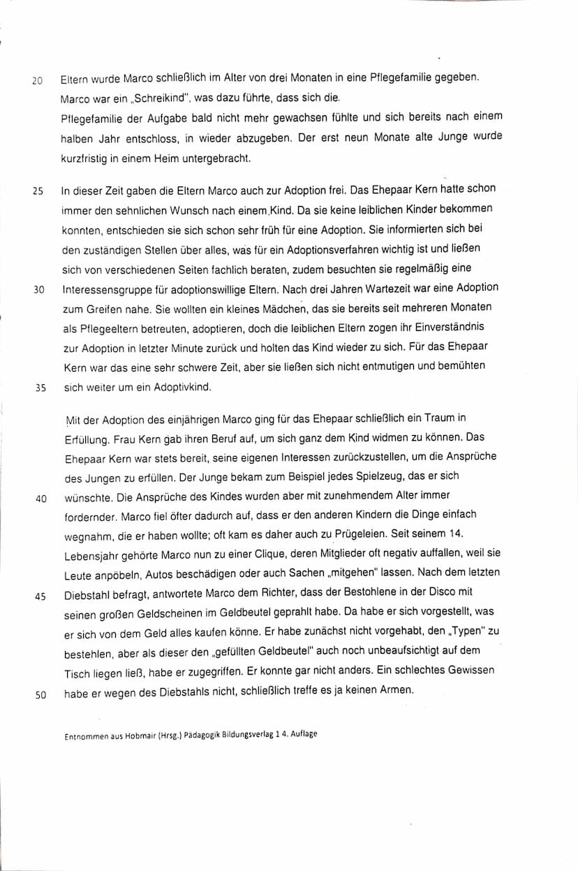 5
10
15
Analyse eines Fallbeispiels: Übungsklausur
Aufgaben:
1. Fassen Sie die wesentlichen Aspekte des Lebensweges von Marco strukturiert
z