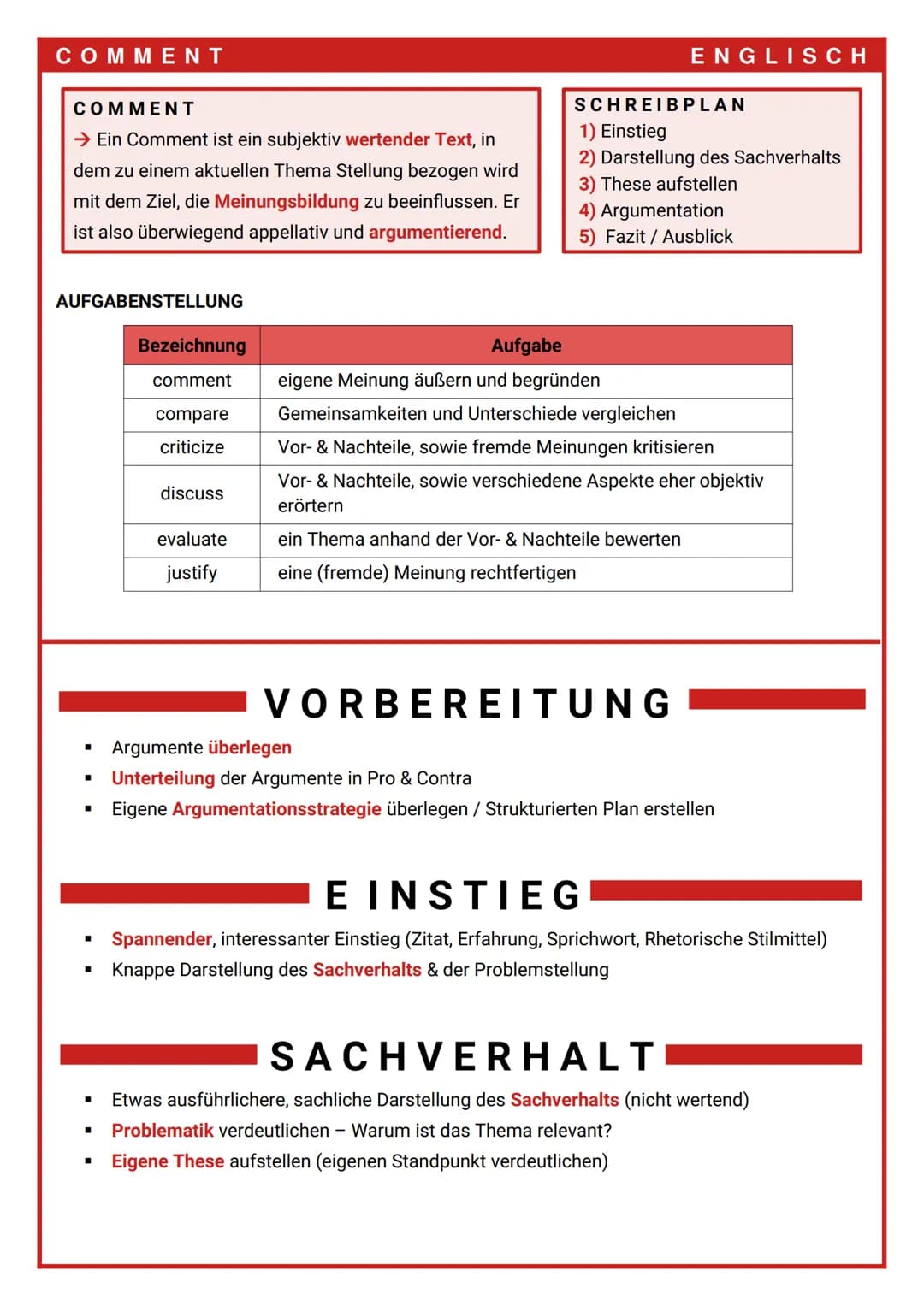 COMMENT
COMMENT
→ Ein Comment ist ein subjektiv wertender Text, in
dem zu einem aktuellen Thema Stellung bezogen wird
mit dem Ziel, die Mein