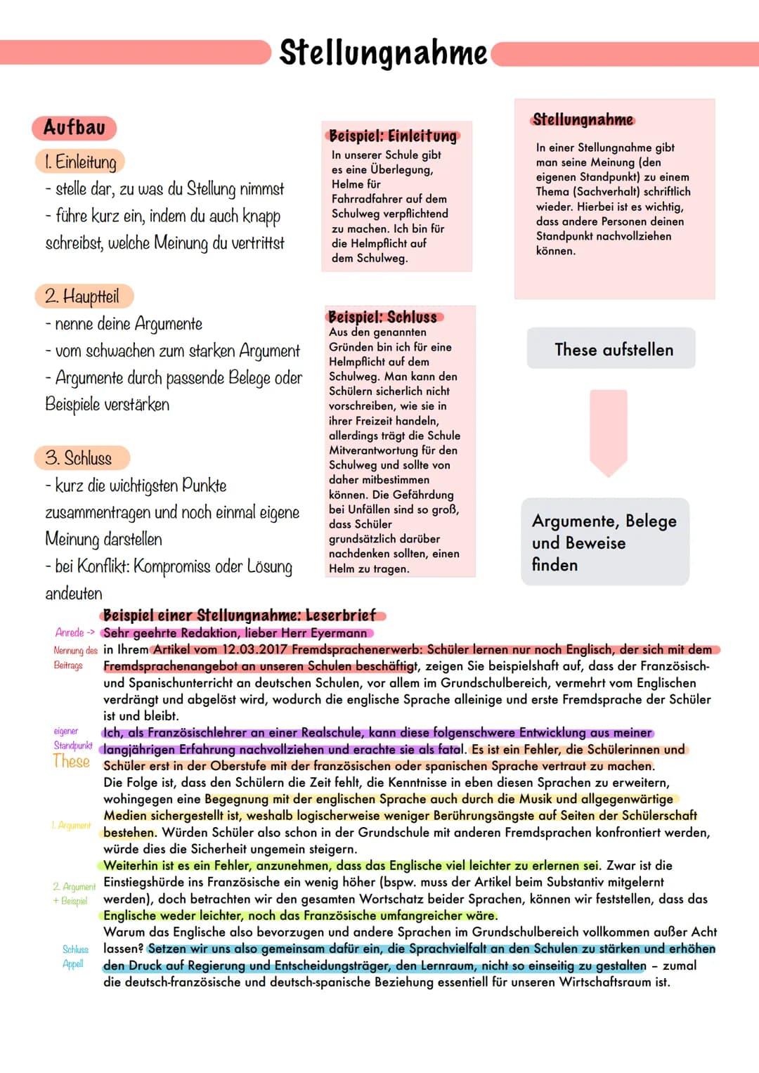 
<p>Eine Stellungnahme zu einem Thema besteht aus drei Teilen: Einleitung, Hauptteil und Schluss. In der Einleitung stellt man dar, zu welch