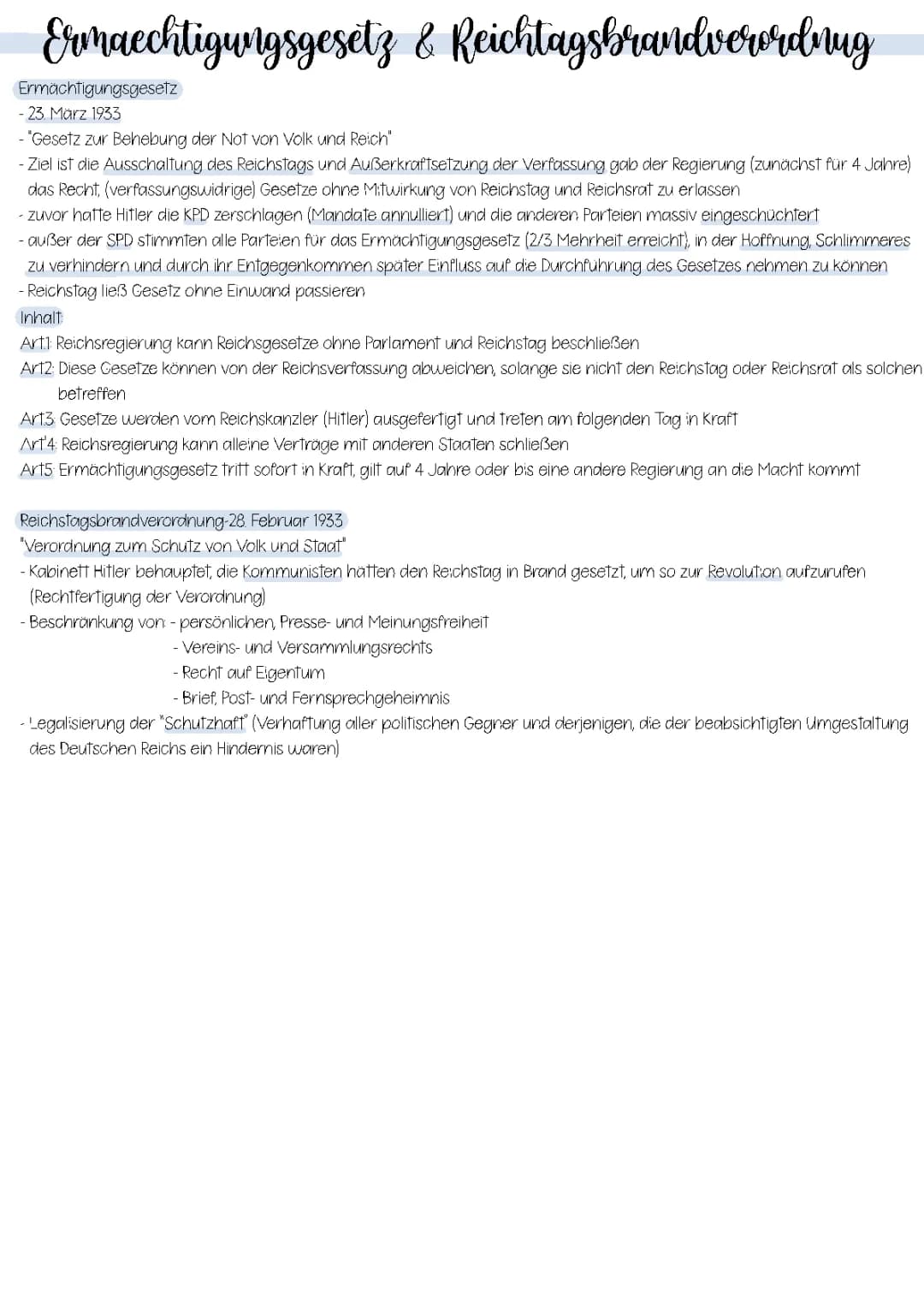 Ermächtigungsgesetz + Reichtagsbrandverordnung
