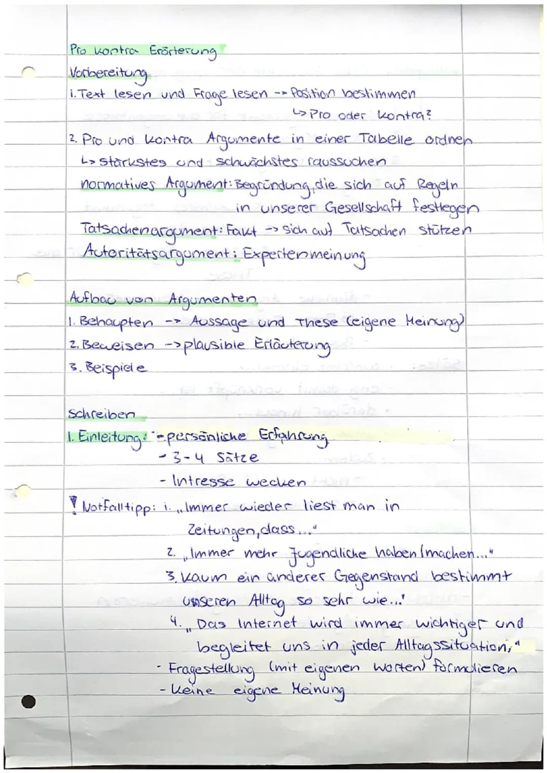 Pro kontra Erörterung
Vorbereitung
1. Text lesen und Frage
lesen
• Position bestimmen.
> Pro oder kontra?
2. Pro und Kontra Argomente in ein