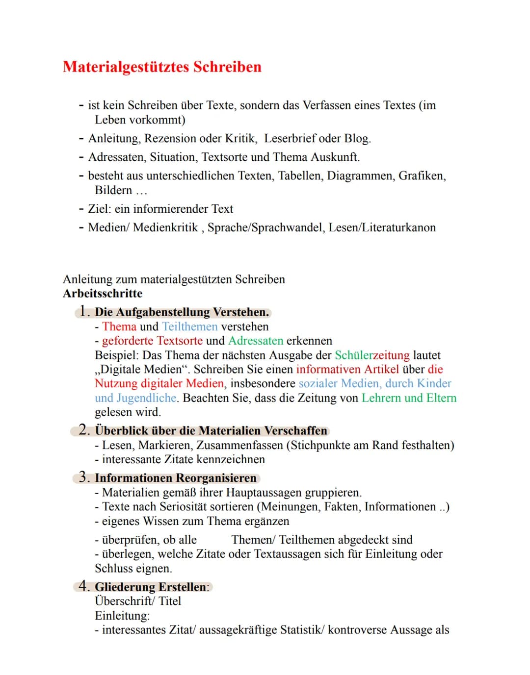 Materialgestütztes Schreiben
ist kein Schreiben über Texte, sondern das Verfassen eines Textes (im
Leben vorkommt)
- Anleitung, Rezension od