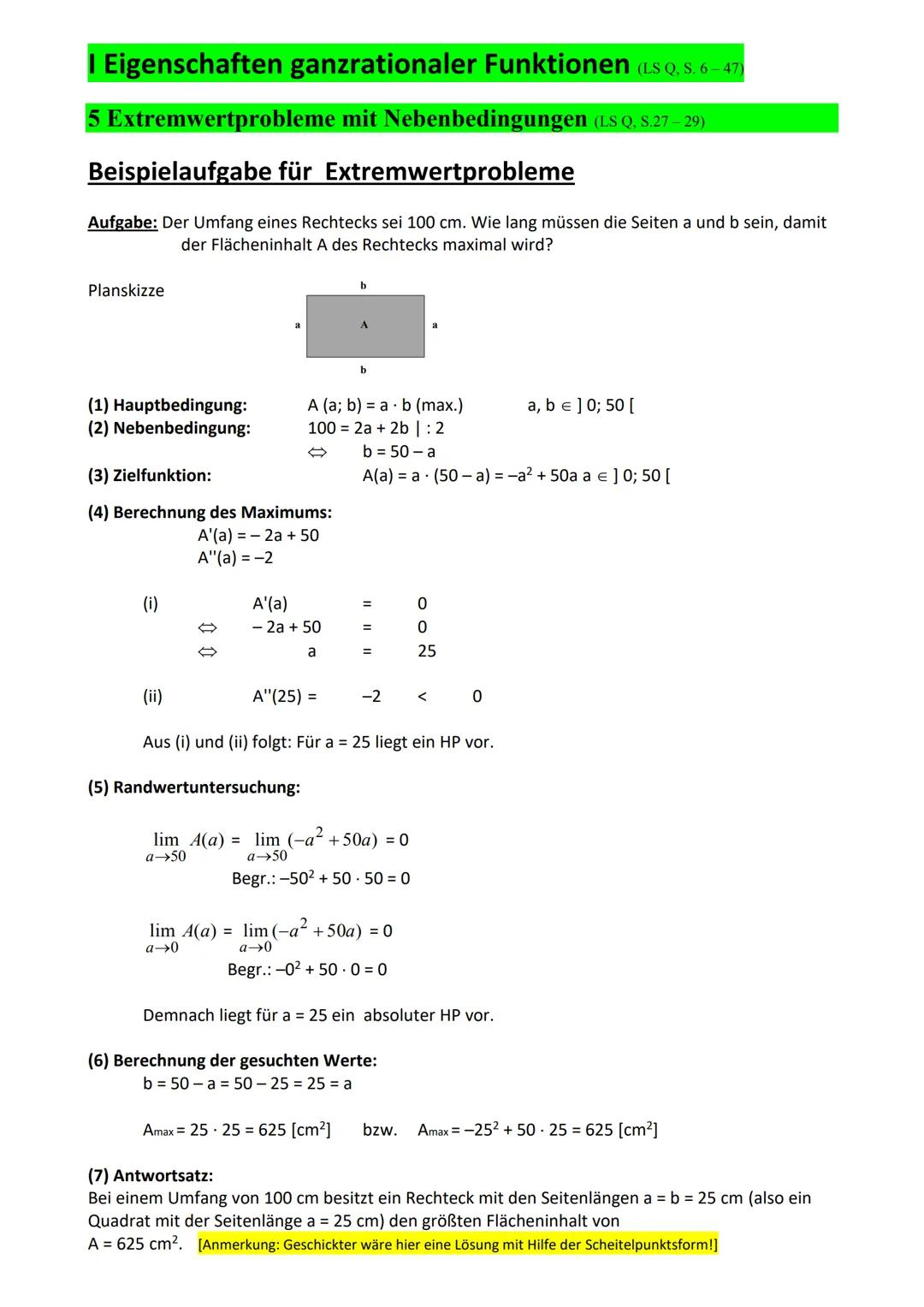 # Extremwertprobleme

1. Hauptbedingung aufstellen und Definitionsbereich angeben, zusätzlich angeben, ob ein Maximum oder Minimum gesucht w
