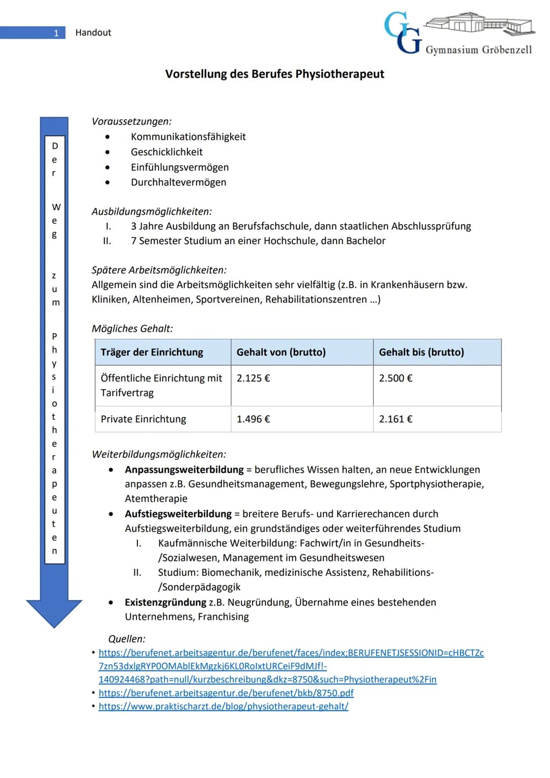 PHYSIOTHERAPEUT/IN 1
D
e
r
> 0.0
W
e
g
NJE
m
PEYS O ULT
Р
h
t
e
r
a
р
e
u
t
e
n
Handout
Voraussetzungen:
●
● Geschicklichkeit
●
Vorstellung 