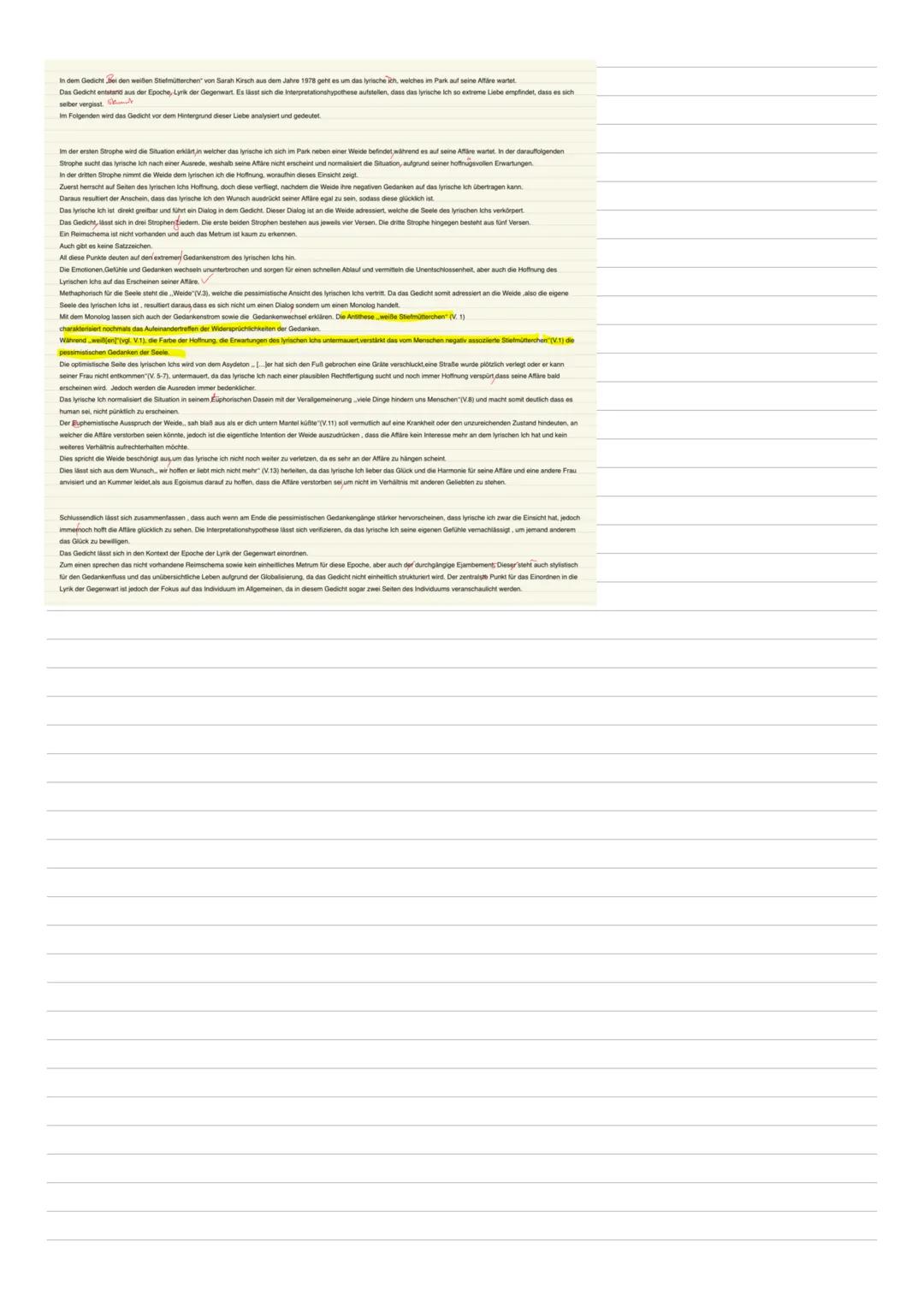 Checkliste: Anfertigung einer Gedichtinterpretation

Vorarbelt:
- Erschließung des Gedichtes (Notizen am Textrand) mit Hilfe der Leitfragen 