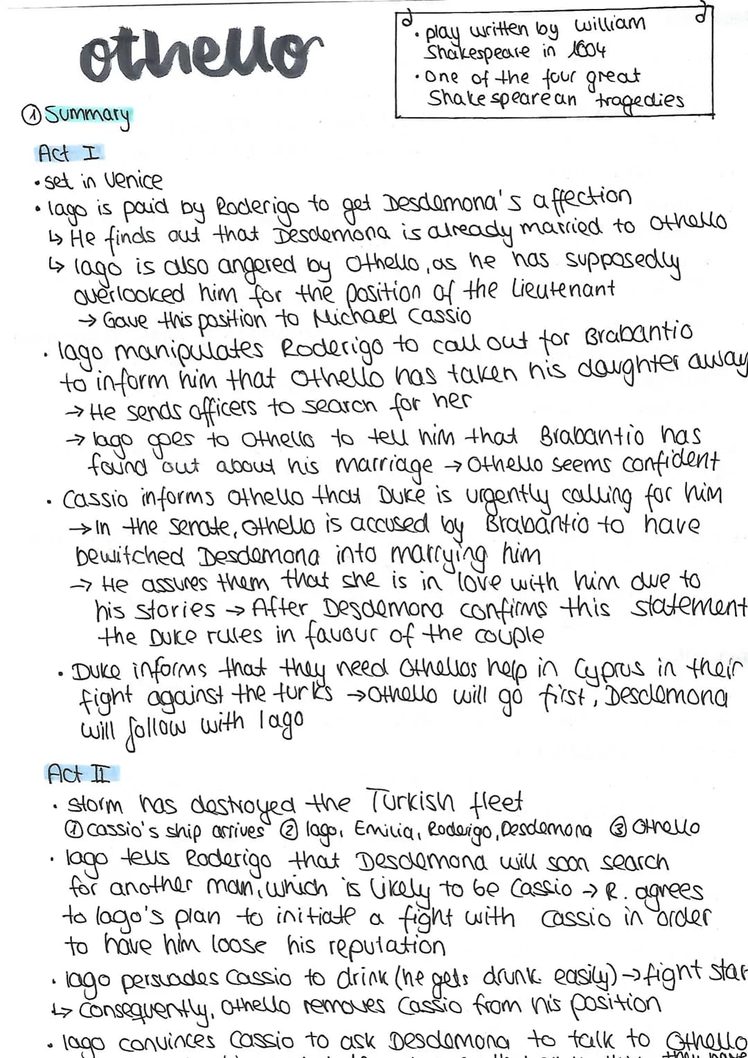 دا
othello
Summary
Act I
•set in Venice
• lago is paid by Roderigo to get Desdemona's affection
↳> He finds out that Desdemona is already ma