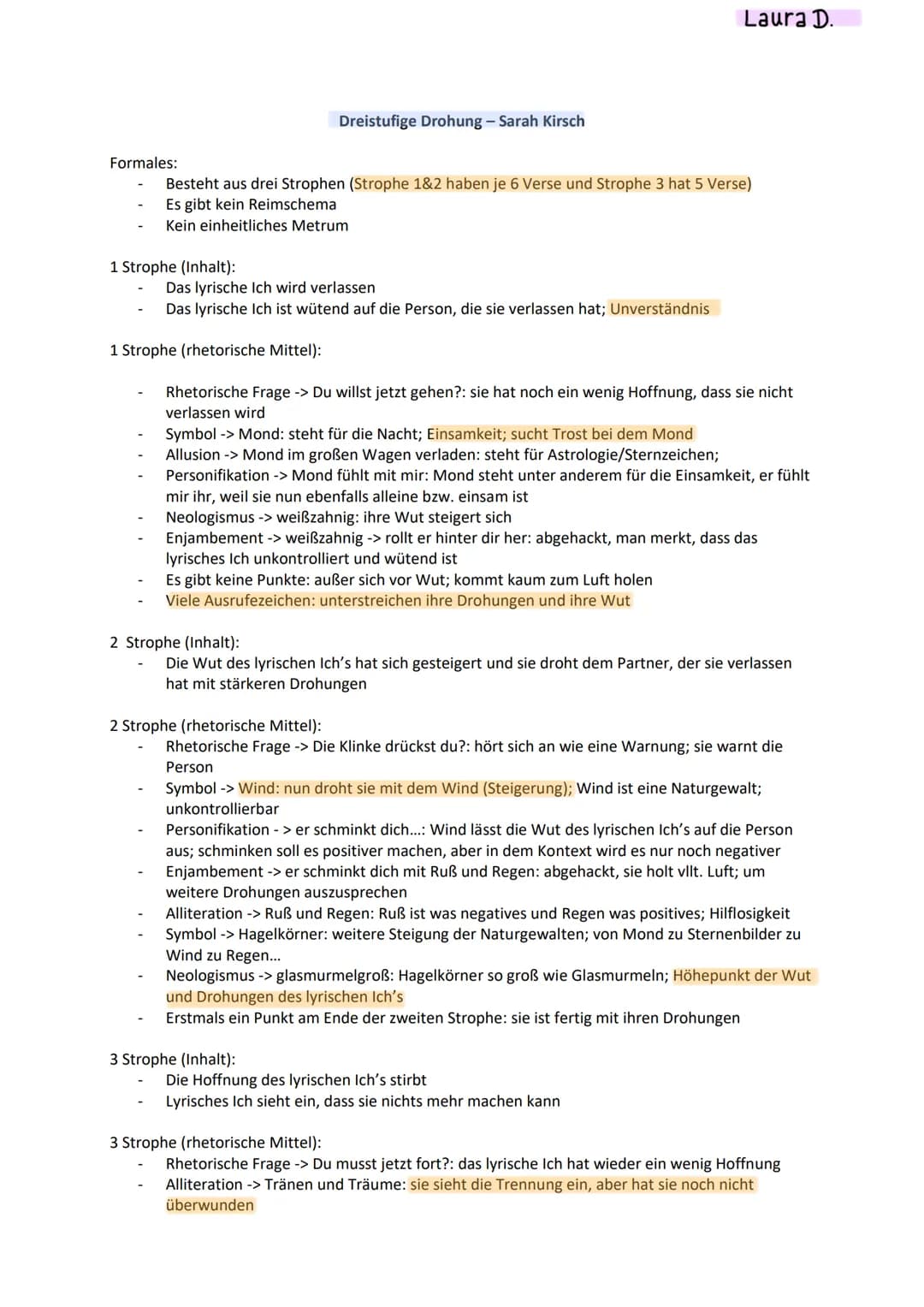 Formales:
1 Strophe (Inhalt):
Dreistufige Drohung - Sarah Kirsch
Besteht aus drei Strophen (Strophe 1&2 haben je 6 Verse und Strophe 3 hat 5