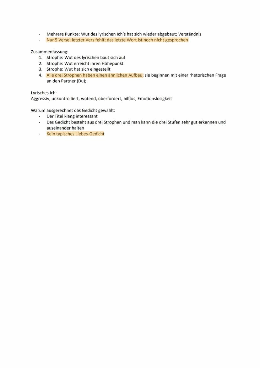 Formales:
1 Strophe (Inhalt):
Dreistufige Drohung - Sarah Kirsch
Besteht aus drei Strophen (Strophe 1&2 haben je 6 Verse und Strophe 3 hat 5