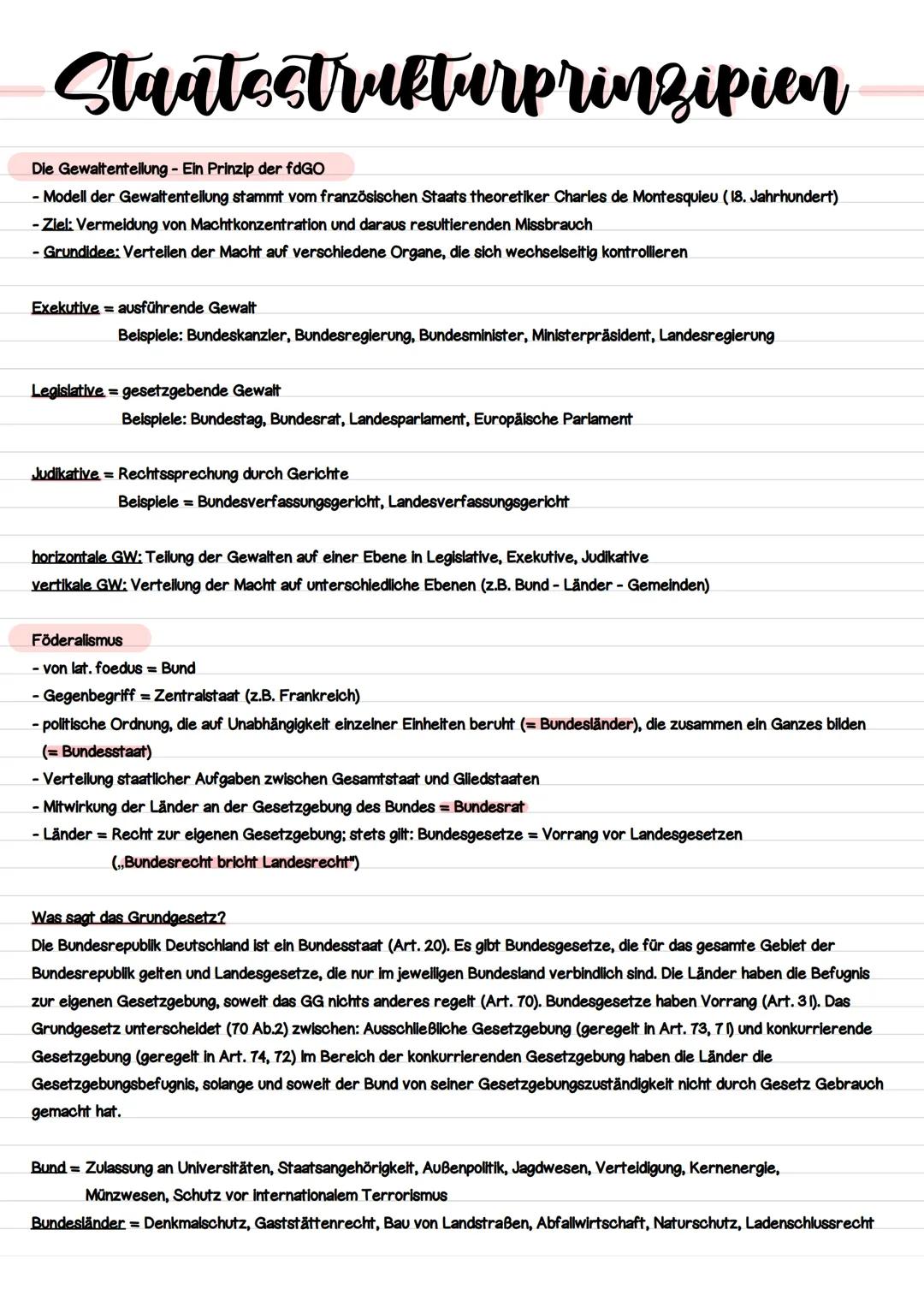 Staatsstrukturprinzipien
Die Gewaltenteilung - Ein Prinzip der fdGO
- Modell der Gewaltenteilung stammt vom französischen Staats theoretiker