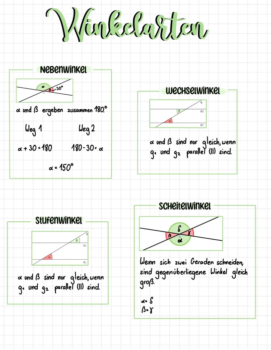 # Winkelarten

Nebenwinkel

30°

wechselwinkel

h
a und ẞ ergeben zusammen 180°

Weg 1
Weg 2

α +30=180
180-30-α

α = 150°

a und ẞ sind nur