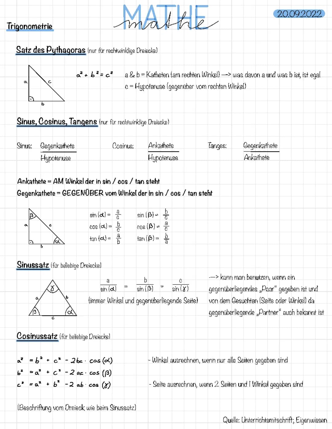 Trigonometrie (Satz es Pythagoras; Sinus, Cosinus, Tanges; Sinussatz; Cosinussatz)