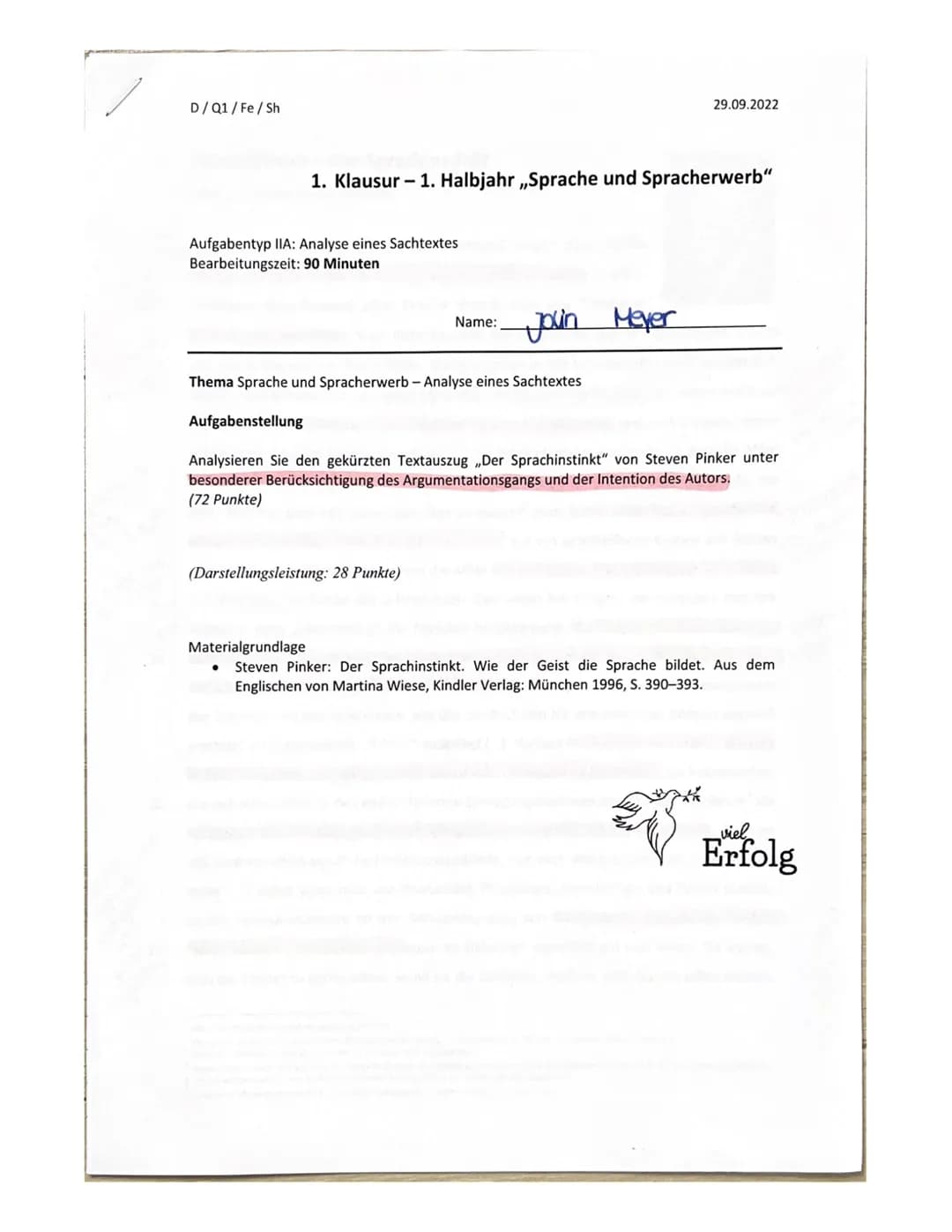D/Q1/Fe/Sh
Aufgabentyp IIA: Analyse eines Sachtextes
Bearbeitungszeit: 90 Minuten
1. Klausur - 1. Halbjahr ,,Sprache und Spracherwerb"
Aufga