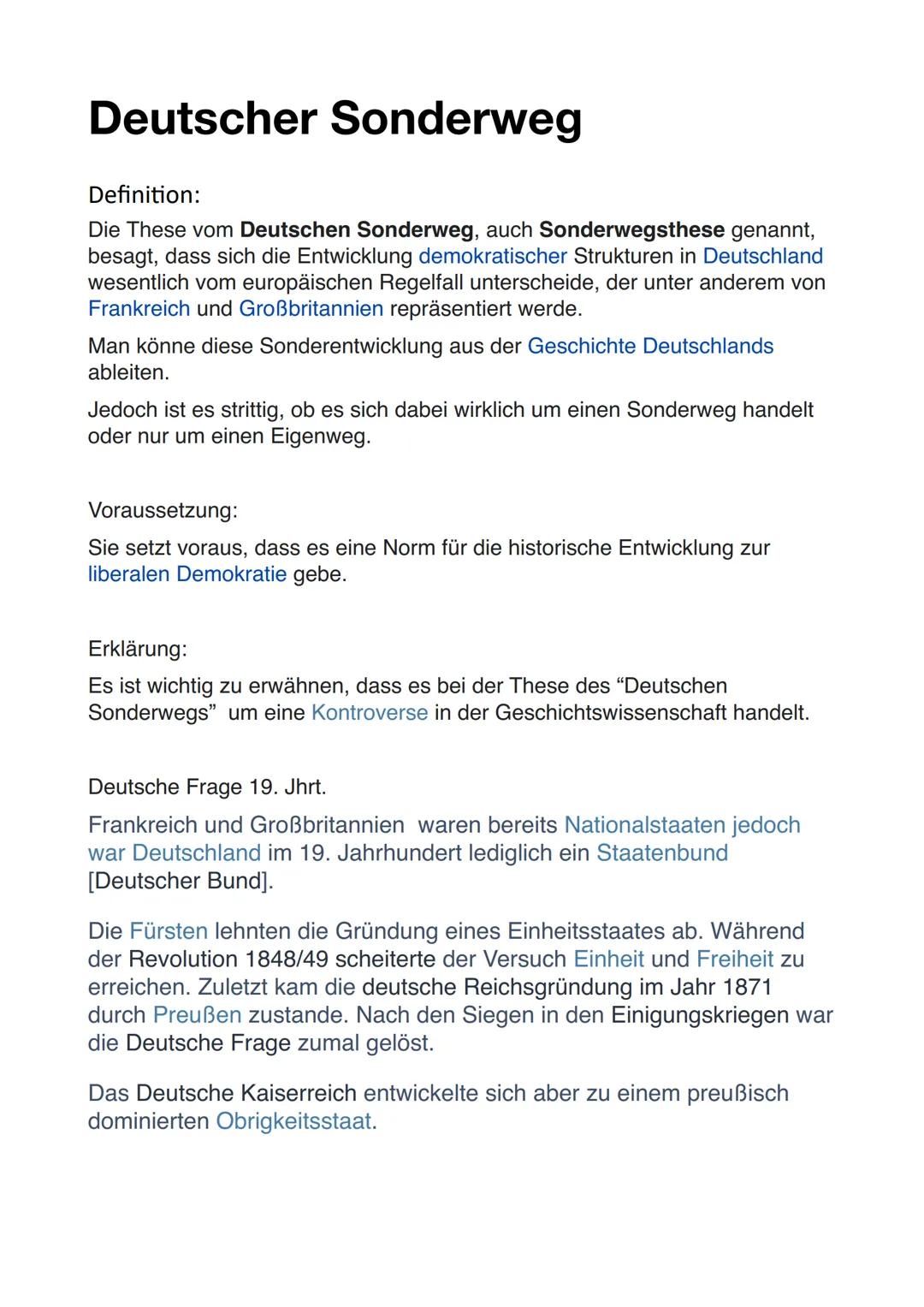 # Deutscher Sonderweg

Definition:

Die These vom Deutschen Sonderweg, auch Sonderwegsthese genannt,
besagt, dass sich die Entwicklung demok