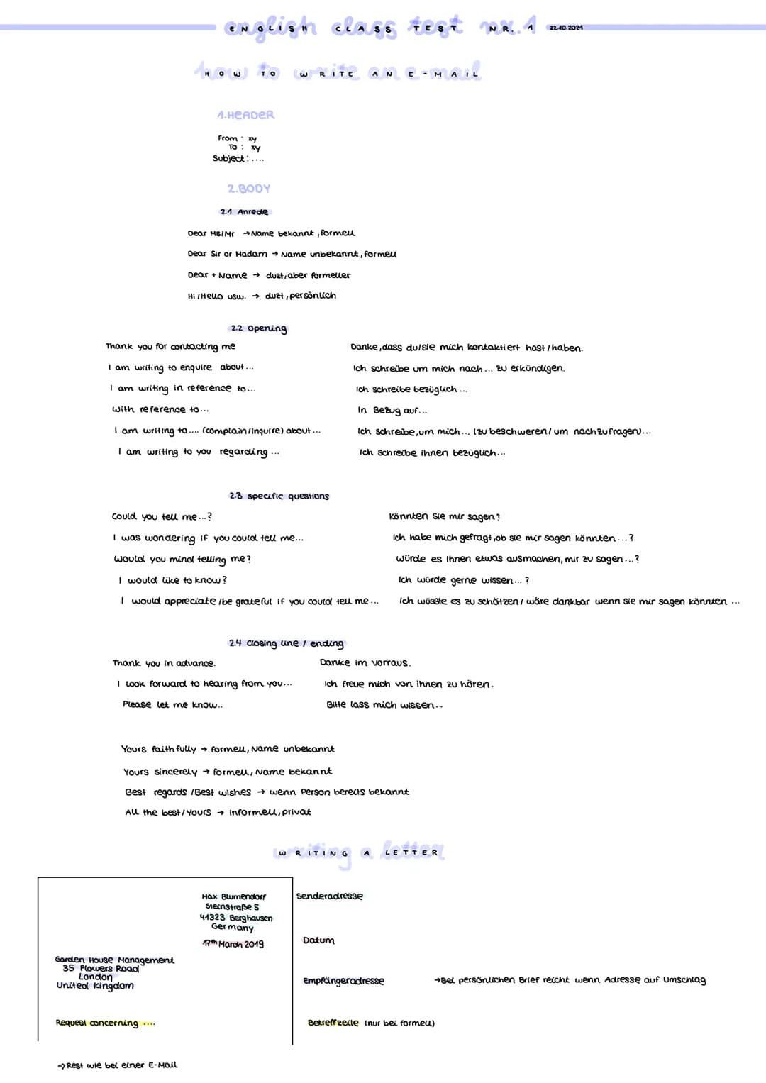 english class test
HOW TO WRITE AN E-MAIL
4.HEADER
From xy
Garden House Management
35 Flowers Road"
London
United Kingdom
TO: xy
Subject:...