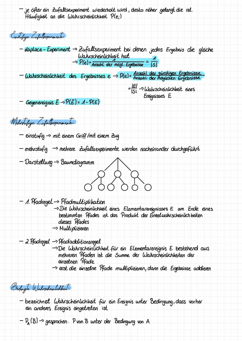 Stochastik
Grundbegriffe der Wahrscheinlichkeitsrechnung
- Zufallsexperiment →Vorgang, der (theoretisch) unendlich oft wiederholt
werden kan