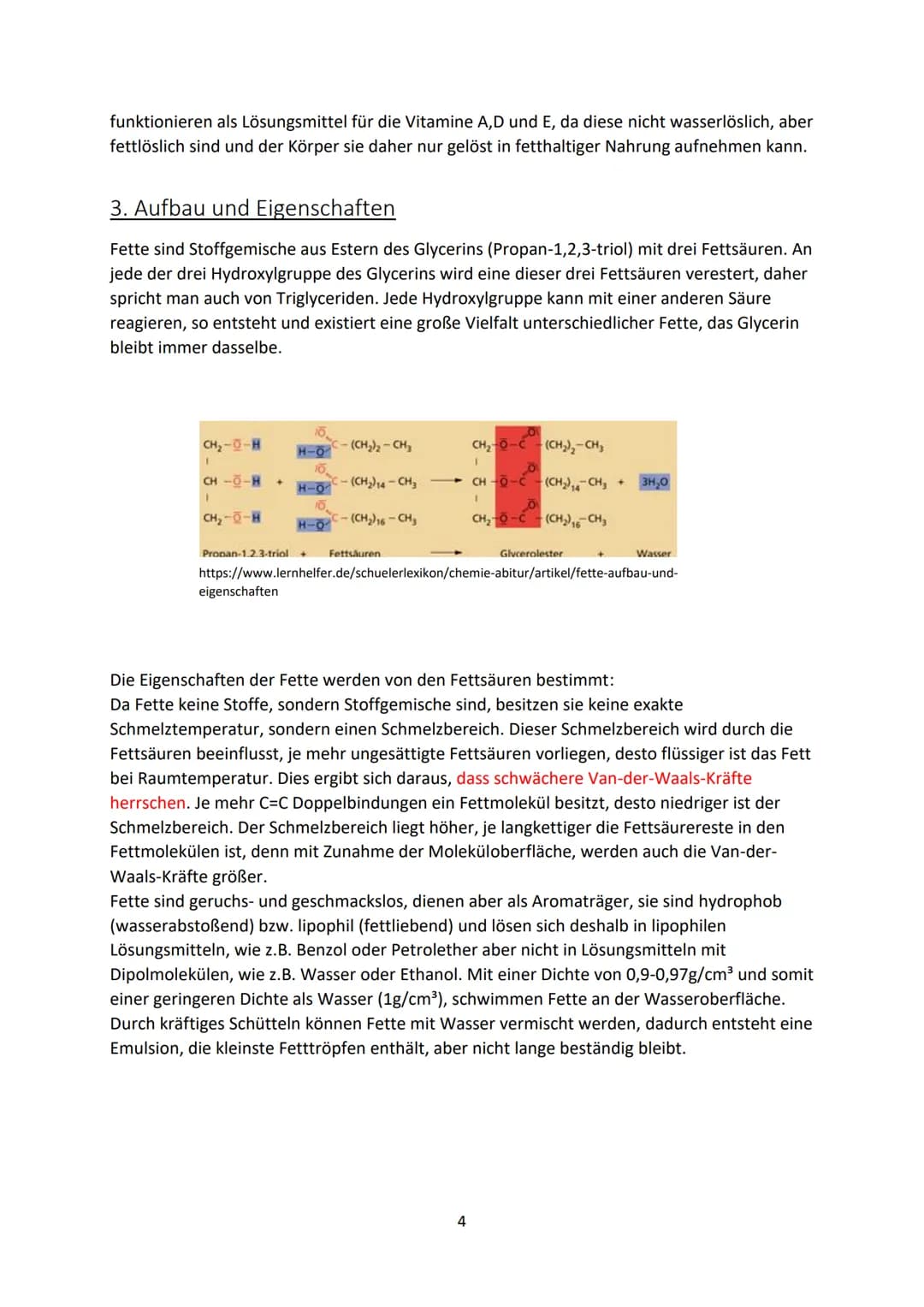 Handout: Fette
1. Was sind Fette?
- Ester aus Glycerin und drei verschiedenen Monocarbonsäuren (Fettsäuren)
- Einteilung in: pflanzliche und