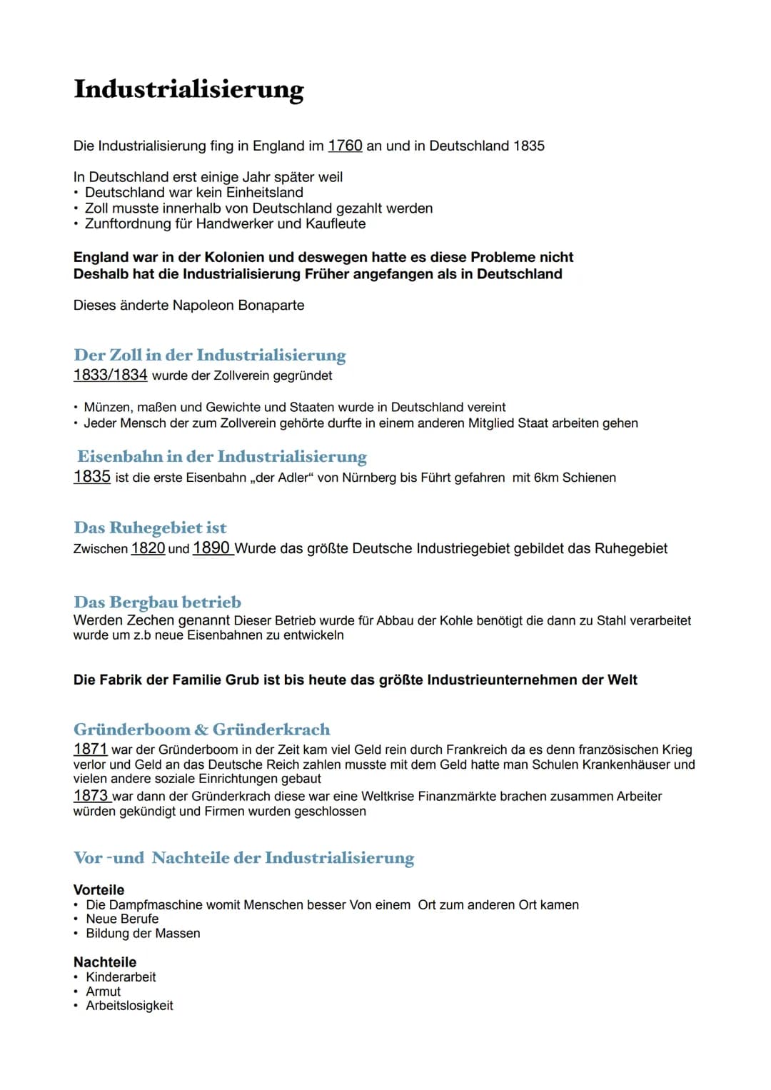 Industrialisierung
Die Industrialisierung fing in England im 1760 an und in Deutschland 1835
In Deutschland erst einige Jahr später weil
• D