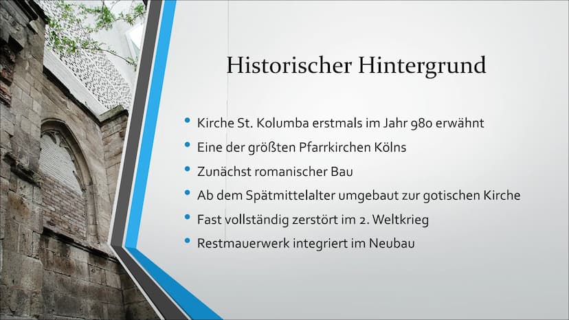 Peter Zumthor
Kolumba
Das Kunstmuseum des Erzbistums Köln Historischer Hintergrund
Kirche St. Kolumba erstmals im Jahr 980 erwähnt
• Eine de