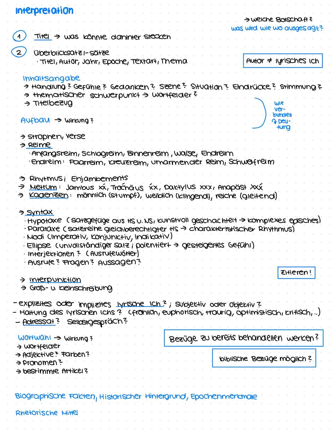 Interpretation
→ weiche Botschaft?
was wird wie wo ausgesagt?

1
Titel was könnte daninter stecken

2
Überblicksatz 1-sätze
•Titel, Autor, J