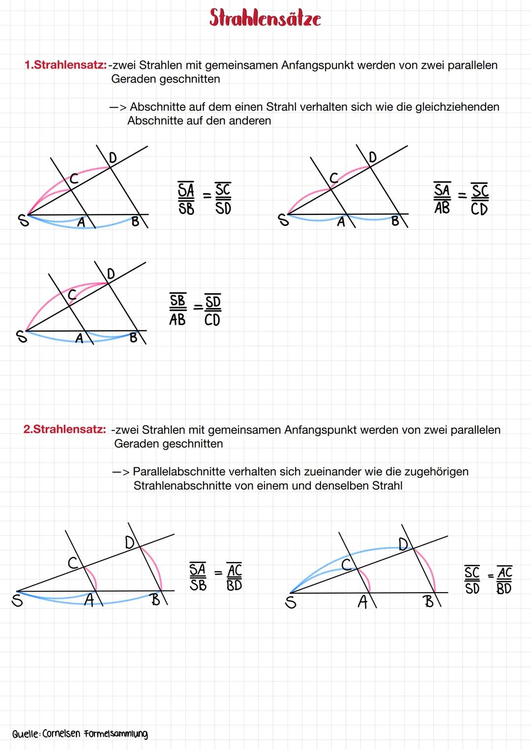 # Strahlensätze

1.Strahlensatz:-zwei Strahlen mit gemeinsamen Anfangspunkt werden von zwei parallelen
Geraden geschnitten

-> Abschnitte au