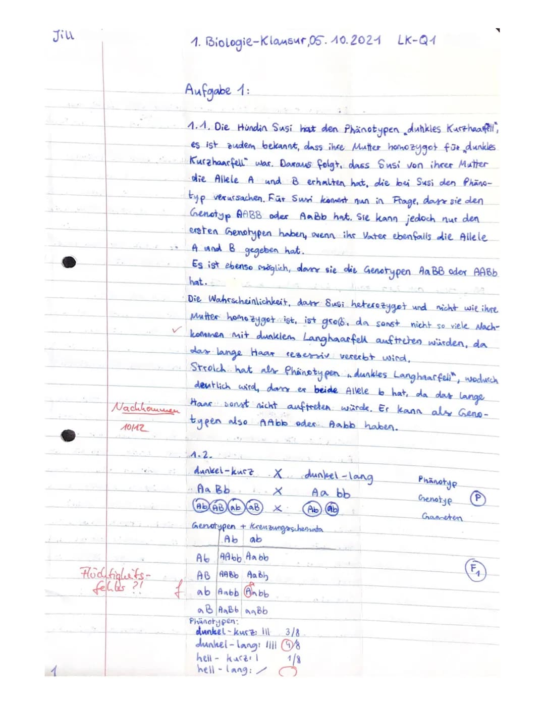 LK Q1
1.1
1.2
Aufgabe 1: Vererbung von zwei Merkmalen bei Hunden (48 Punkte)
1,3
1.4
-Gesamtschule
05.10.2021
Geben Sie die Genotypen an, di