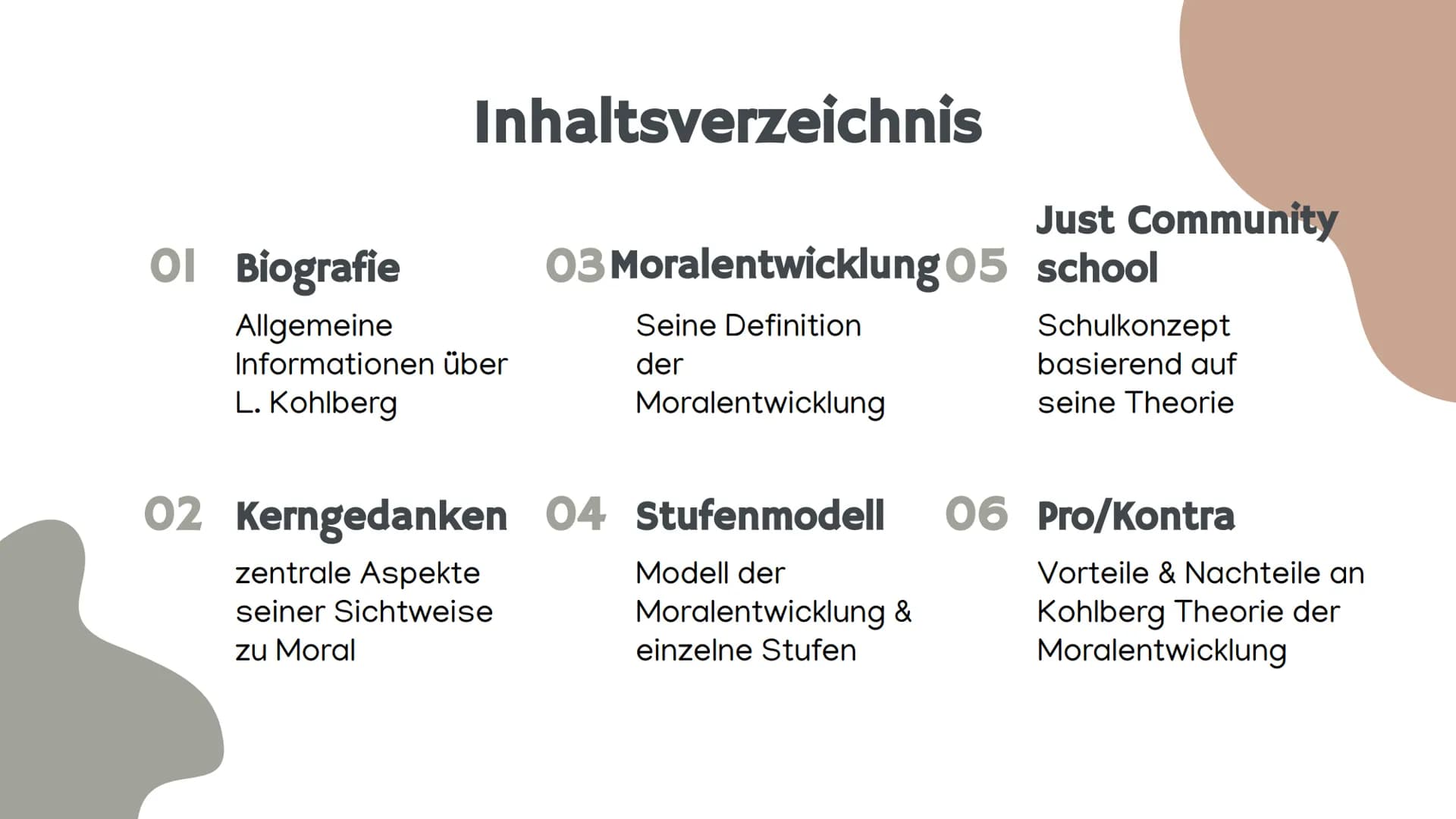 Lawrence
Kohlberg
von zehra Inhaltsverzeichnis
Ol Biografie
Allgemeine
Informationen über
L. Kohlberg
zentrale Aspekte
seiner Sichtweise
zu 