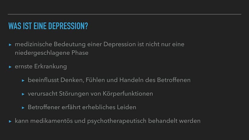 Depressionen
• ernste Erkrankung
•Hauptsymptome:
Gedrückte Stimmung, Interessen- & Freudlosigkeit, Antriebsmangel bzw. erhöhte Ermüdbarkeit
